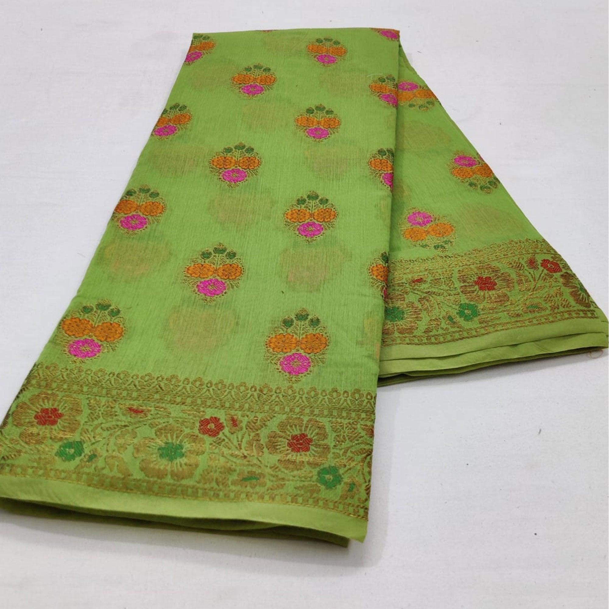 Green Festive Wear Woven Cotton Saree With Meena Butta Pallu - Peachmode