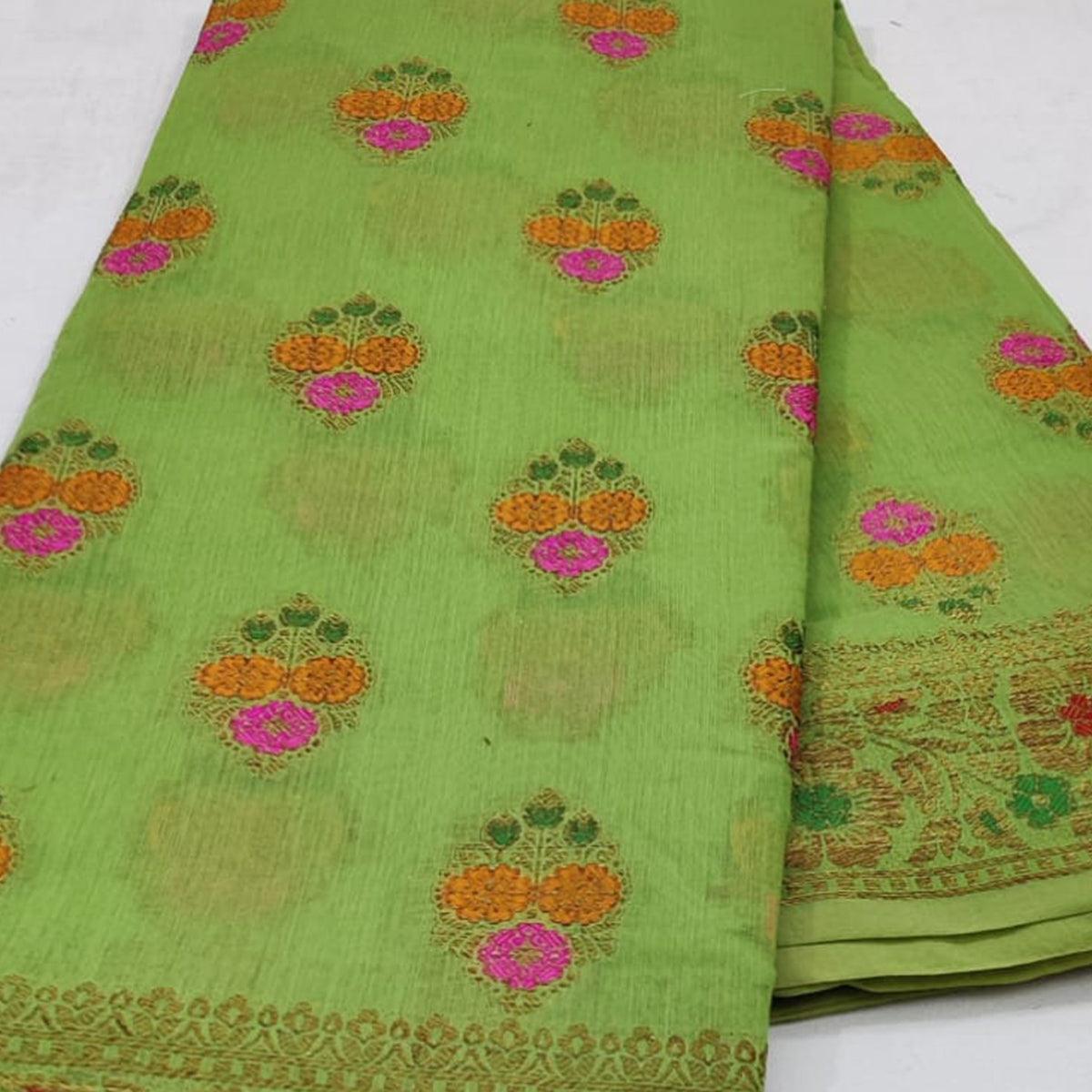 Green Festive Wear Woven Cotton Saree With Meena Butta Pallu - Peachmode