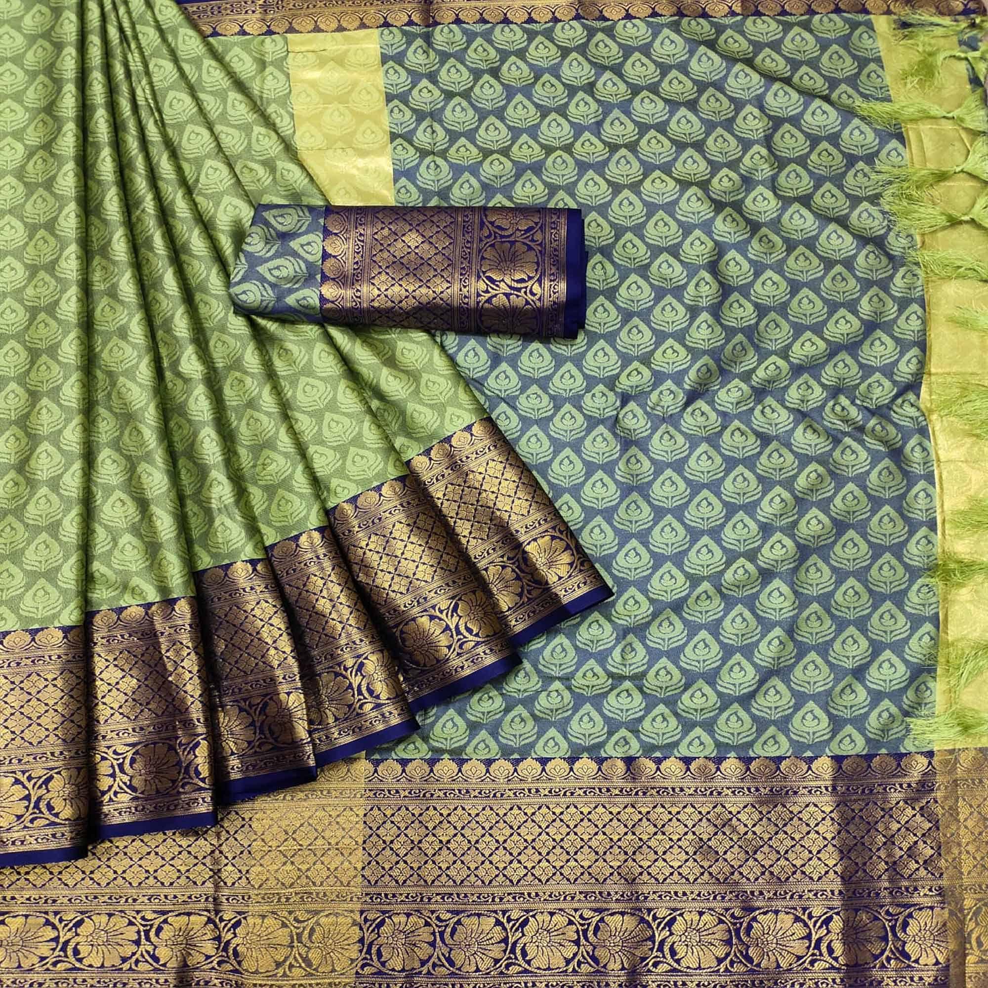 Green Festive Wear Woven Cotton Saree With Tassels - Peachmode