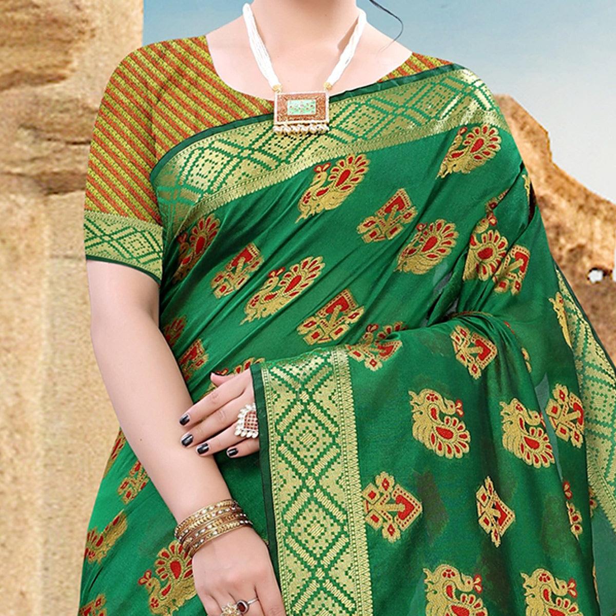 Green Festive Wear Woven Cotton Saree With Tassels - Peachmode