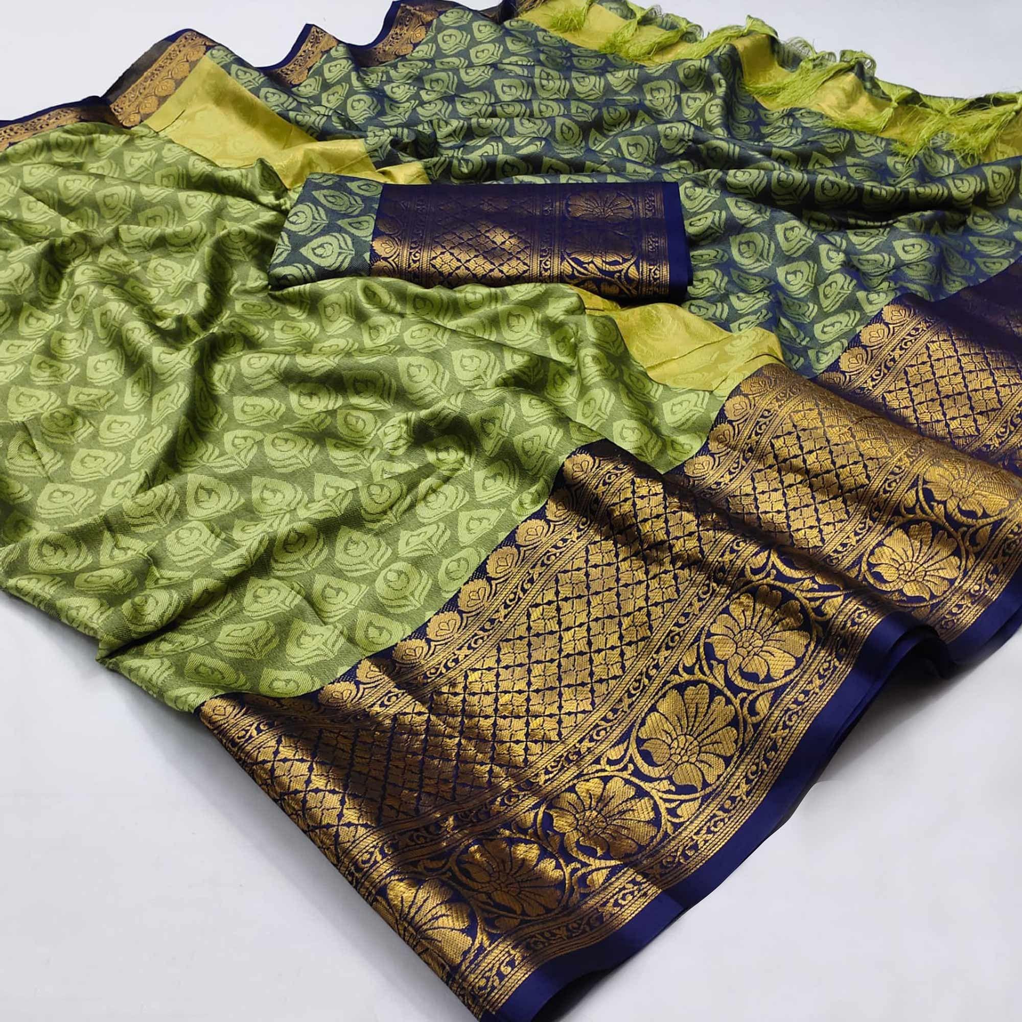 Green Festive Wear Woven Cotton Saree With Tassels - Peachmode