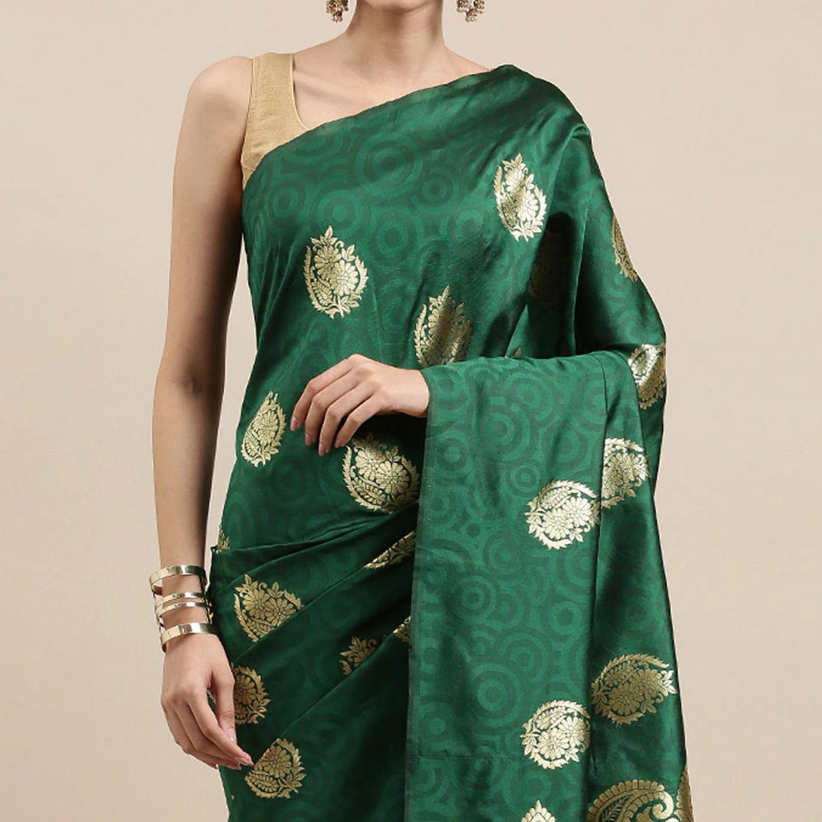 Green Festive Wear Woven Cotton Silk Designer Saree - Peachmode