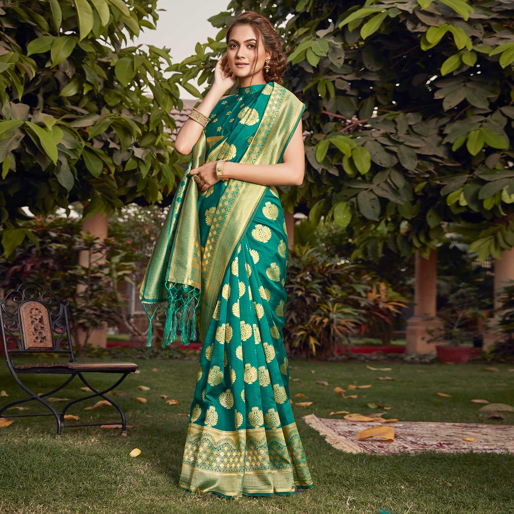 Green Festive Wear Woven Cotton Silk Saree - Peachmode
