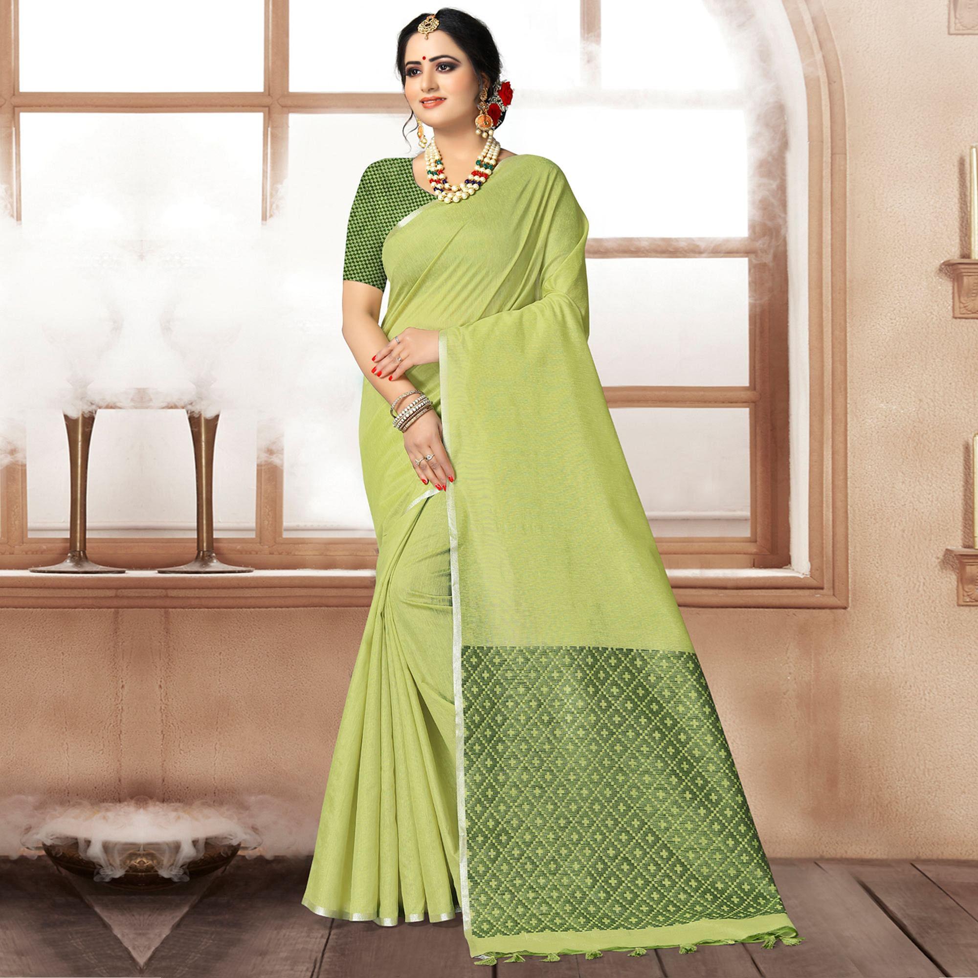Green Festive Wear Woven Cotton Silk Saree - Peachmode
