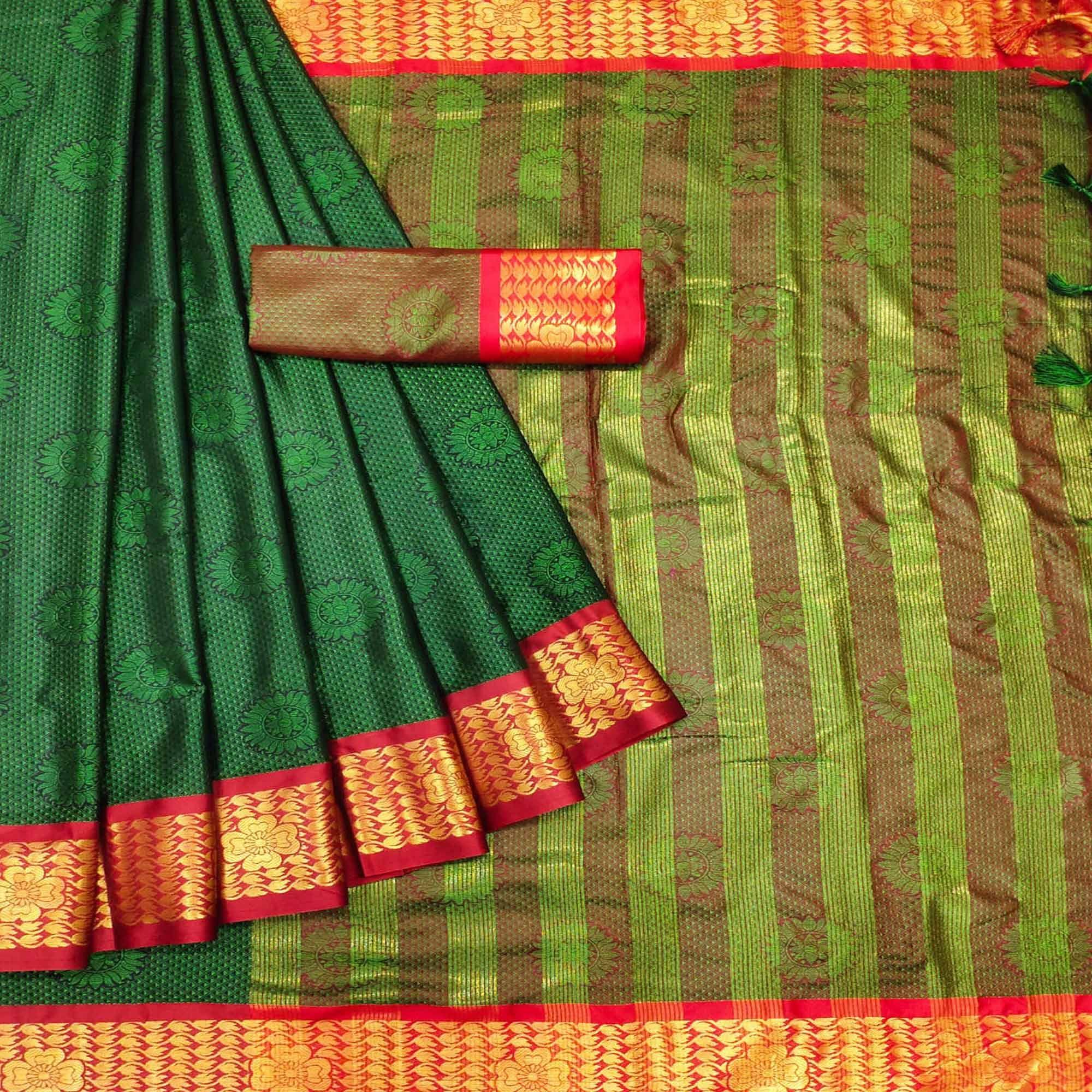 Green Festive Wear Woven Cotton Silk Saree - Peachmode