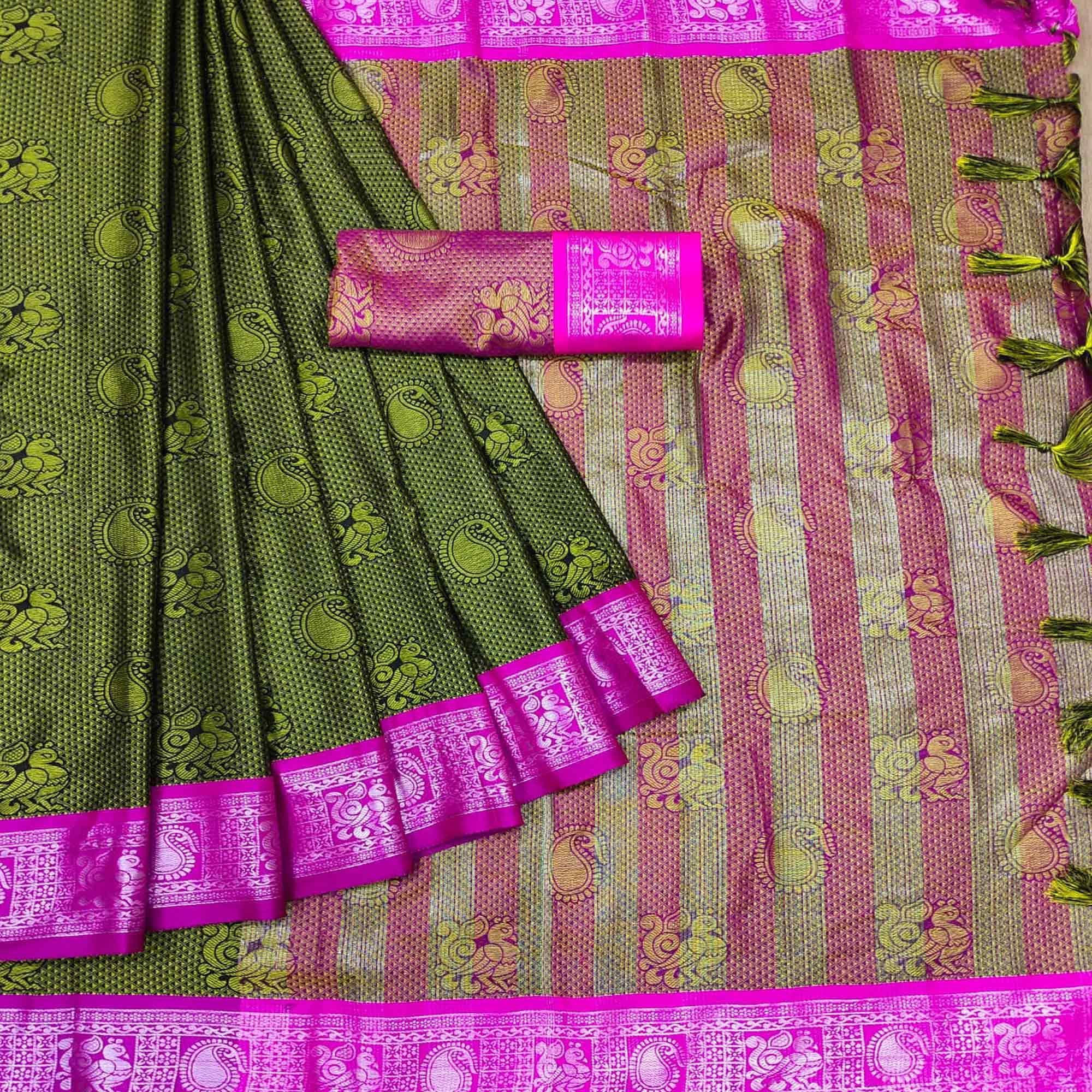 Green Festive Wear Woven Cotton Silk Saree - Peachmode