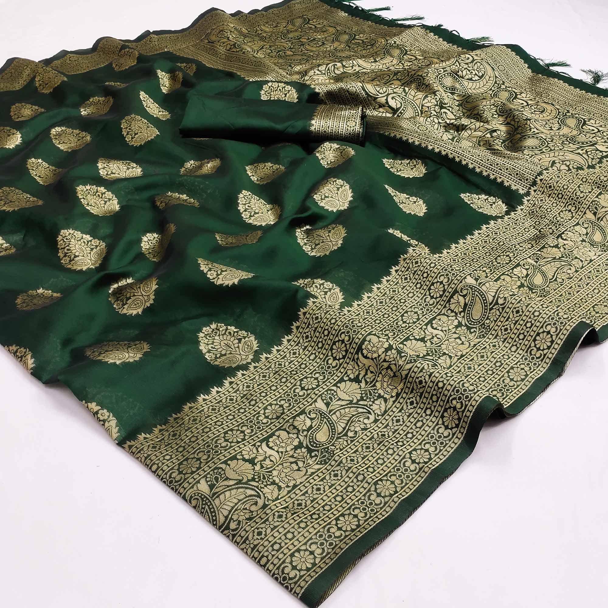 Green Festive Wear Woven Cotton Silk Saree - Peachmode