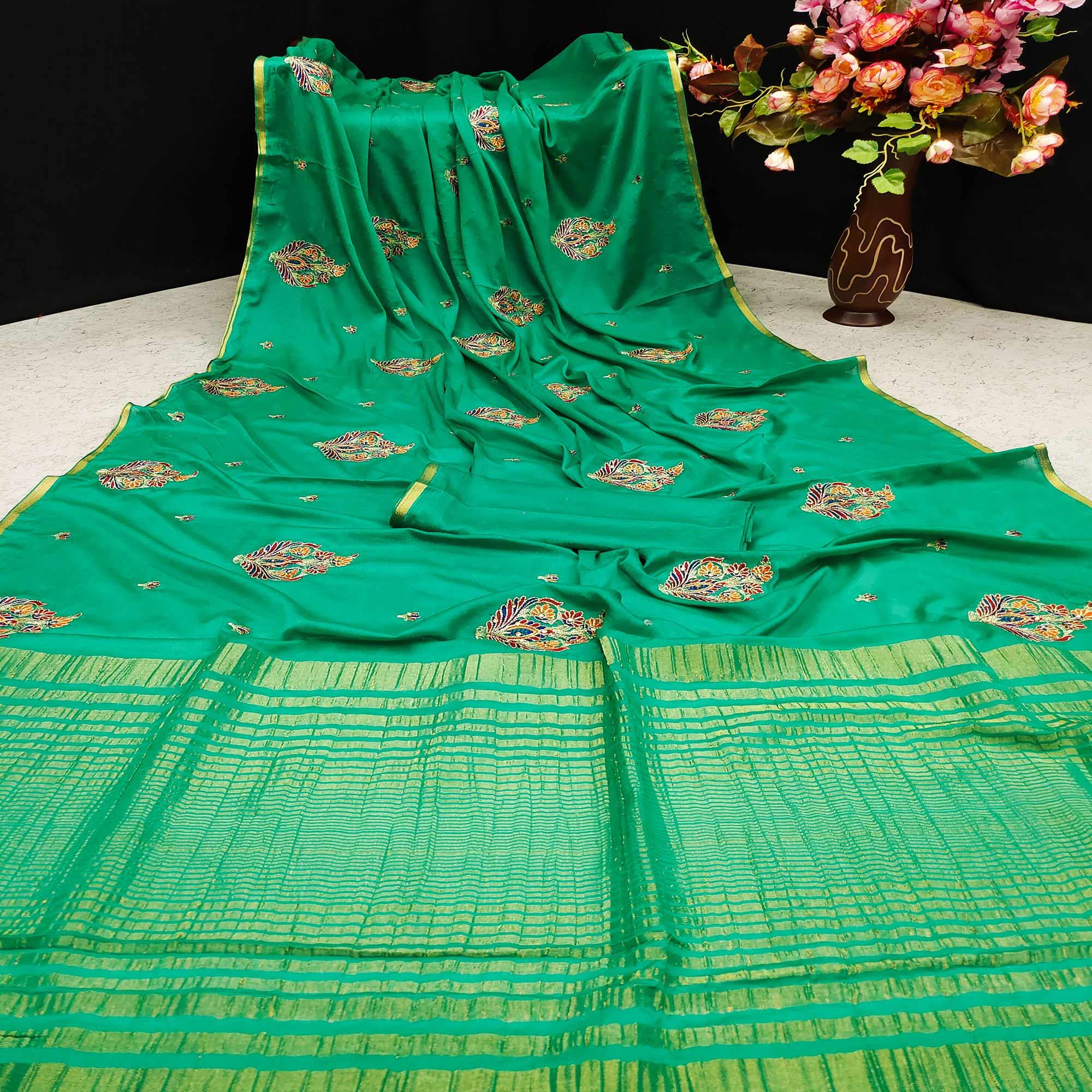 Green Festive Wear Woven Cotton Silk Saree - Peachmode