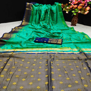 Green Festive Wear Woven Cotton Silk Saree - Peachmode