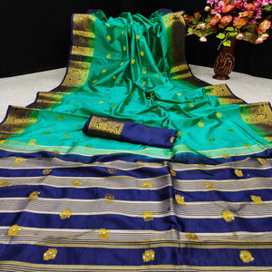 Green Festive Wear Woven Cotton Silk Saree - Peachmode