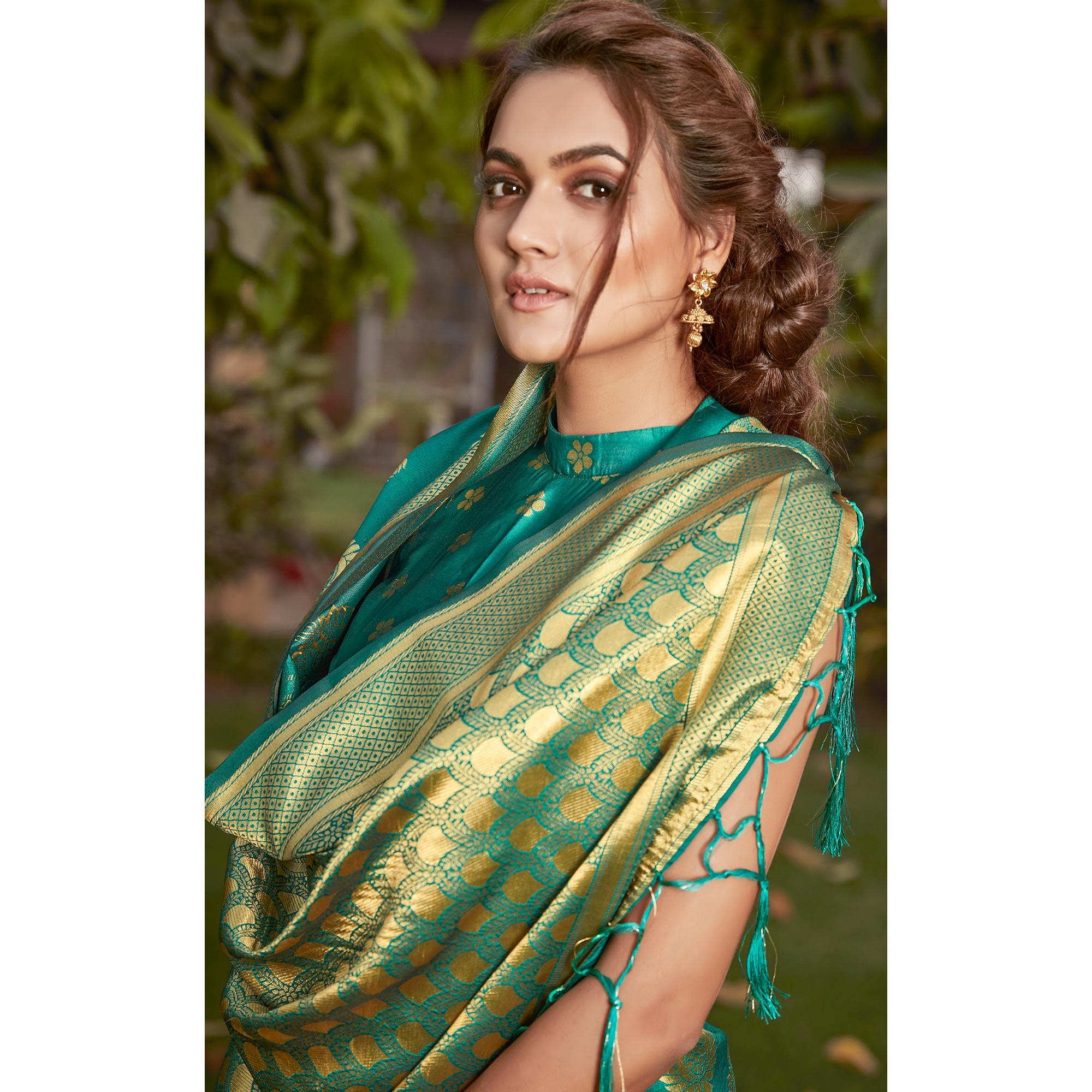 Green Festive Wear Woven Cotton Silk Saree - Peachmode