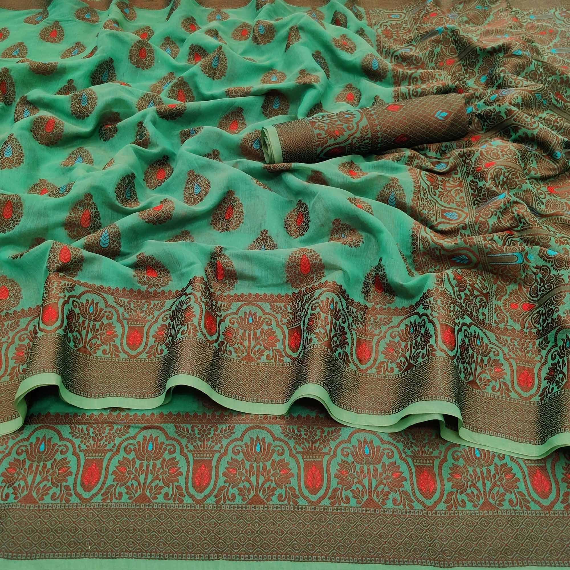 Green Festive Wear Woven Cotton Silk Saree - Peachmode