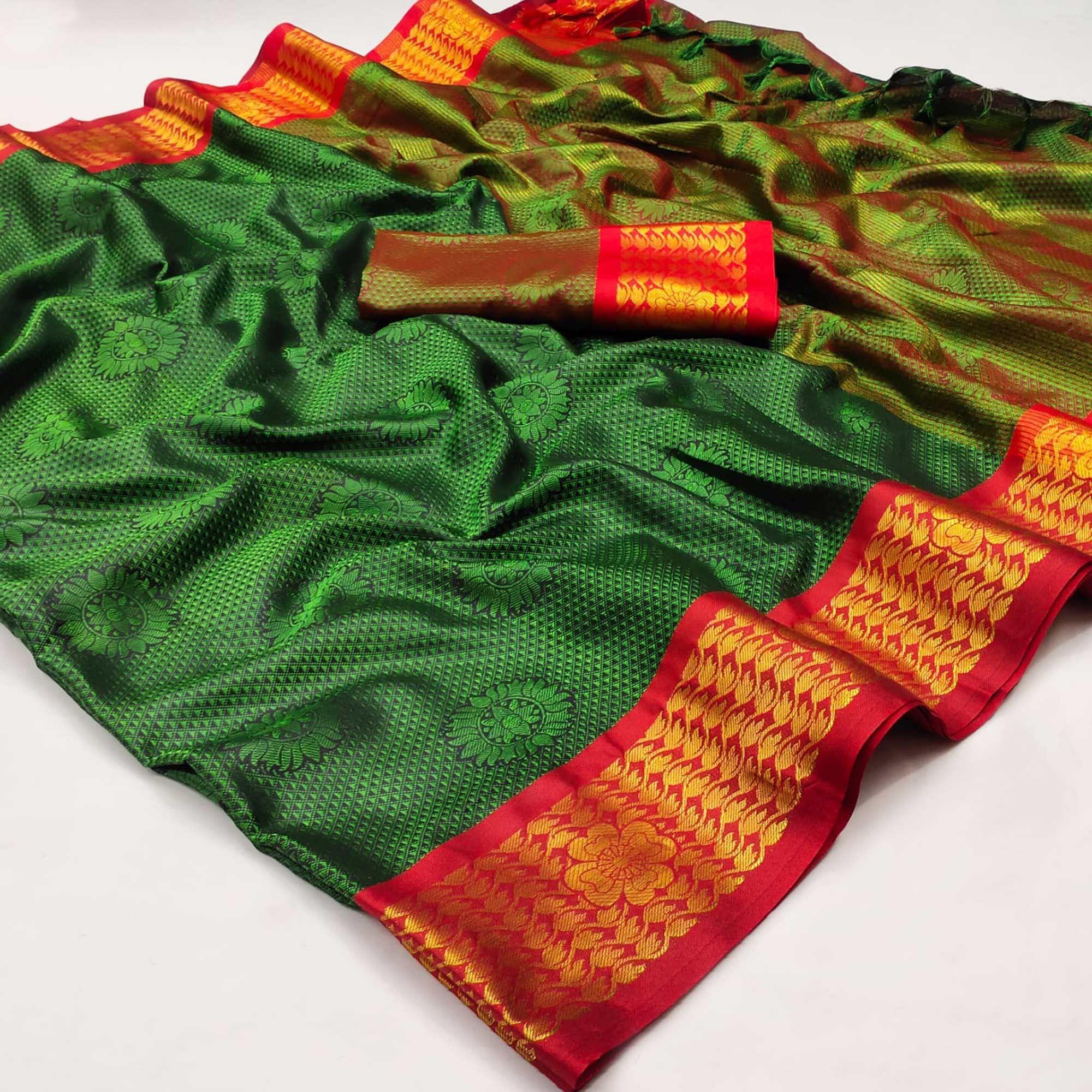 Green Festive Wear Woven Cotton Silk Saree - Peachmode