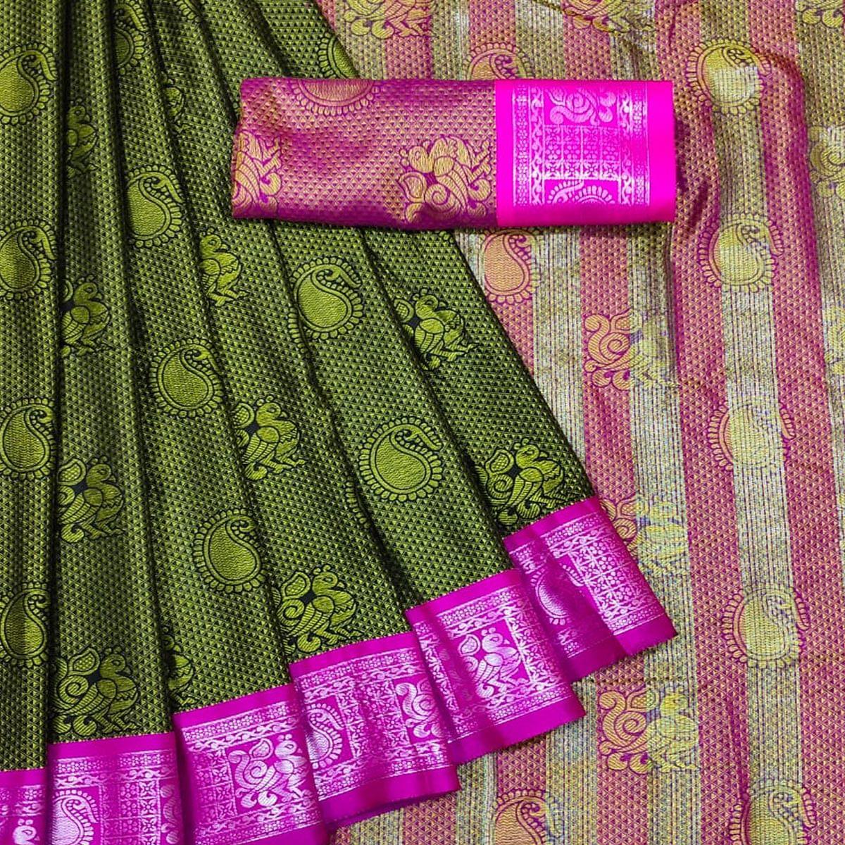 Green Festive Wear Woven Cotton Silk Saree - Peachmode