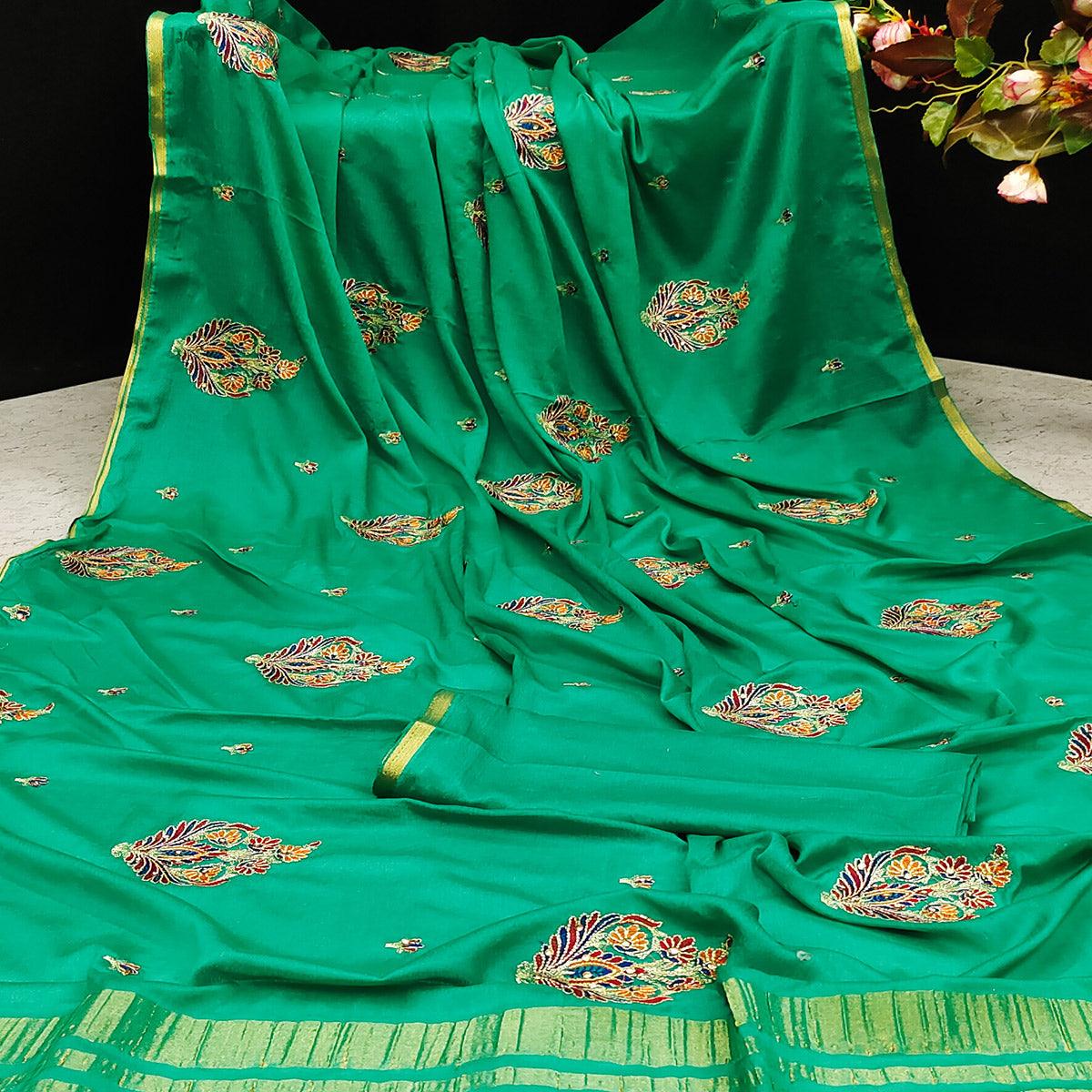 Green Festive Wear Woven Cotton Silk Saree - Peachmode