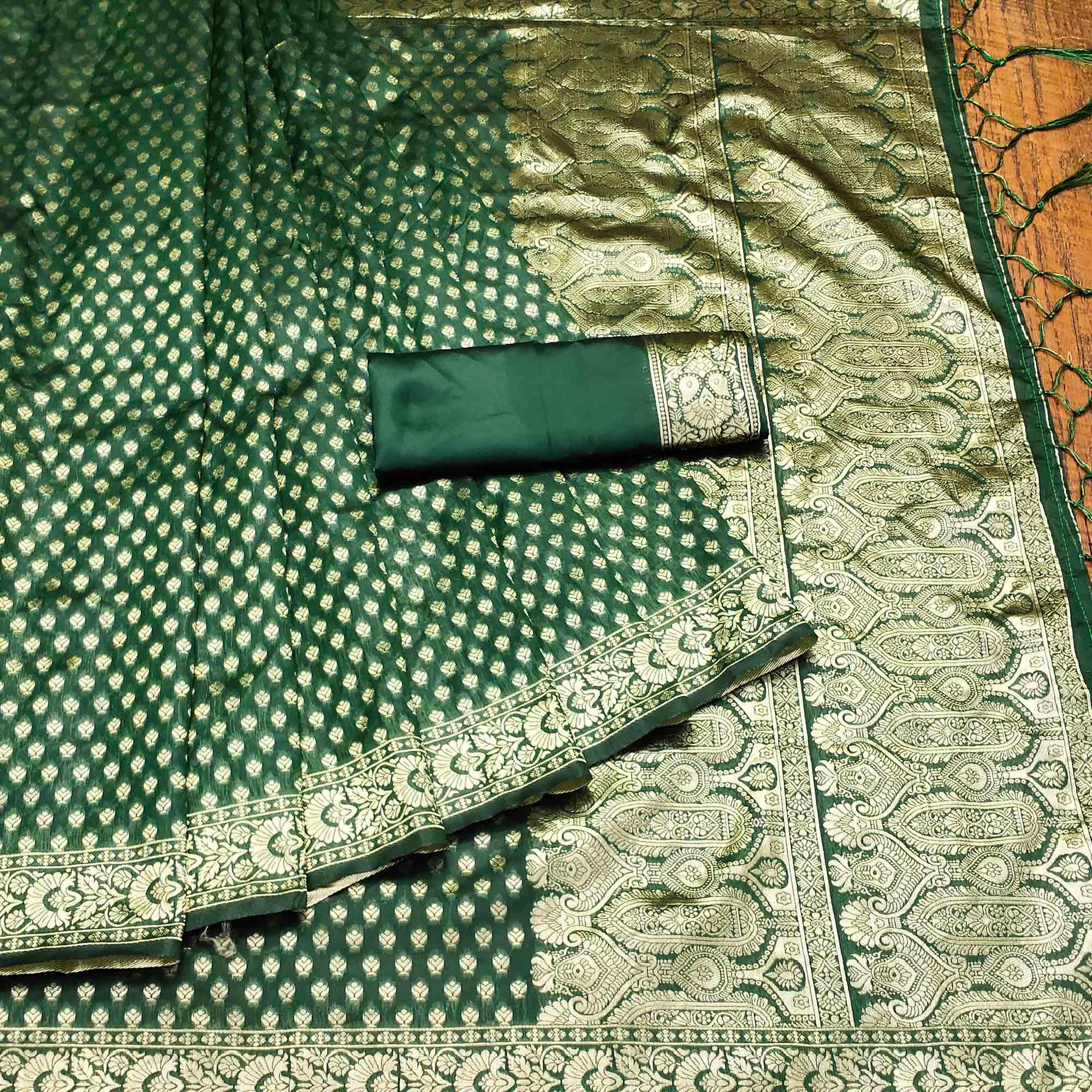 Green Festive Wear Woven Cotton Silk Saree - Peachmode