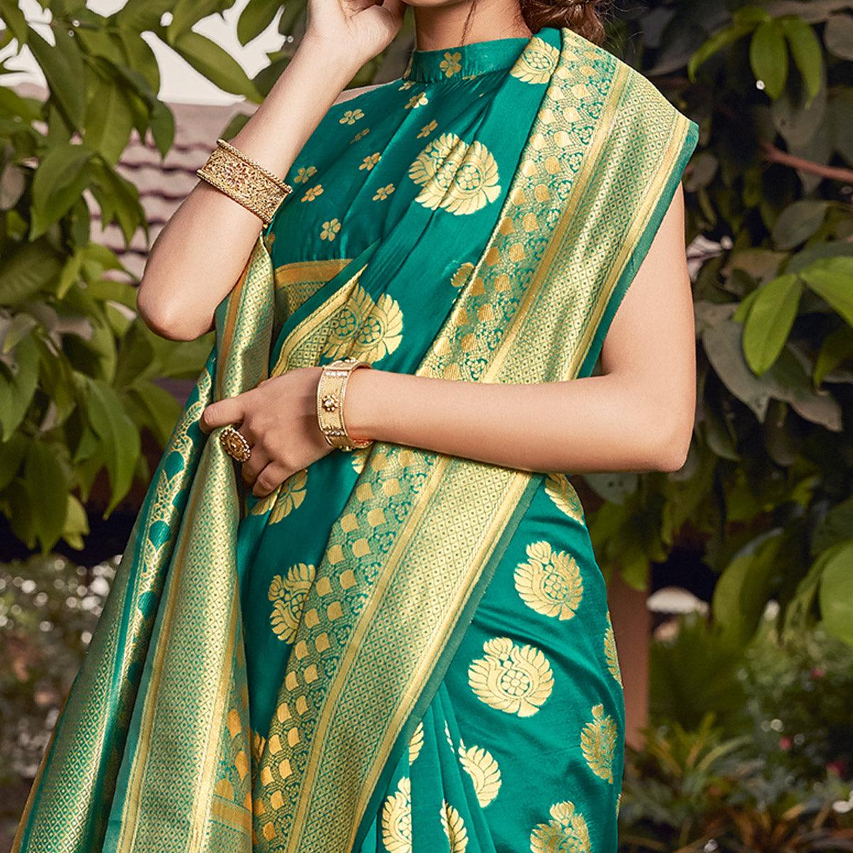 Green Festive Wear Woven Cotton Silk Saree - Peachmode