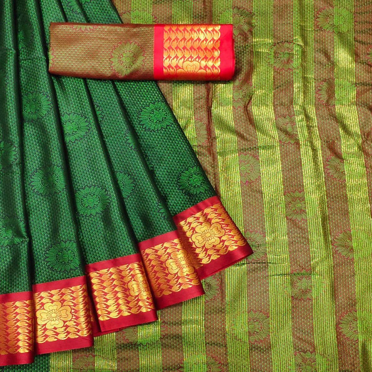 Green Festive Wear Woven Cotton Silk Saree - Peachmode