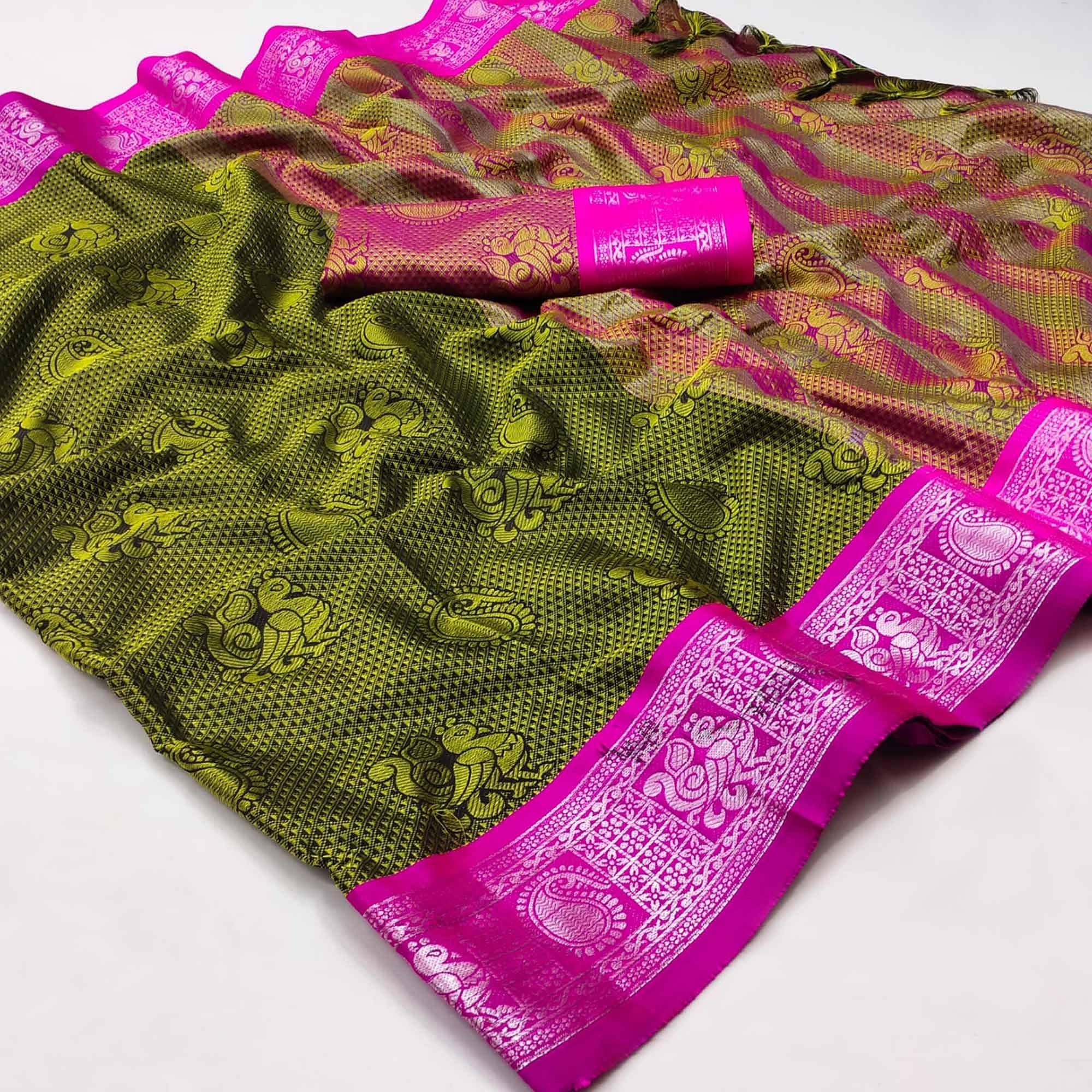 Green Festive Wear Woven Cotton Silk Saree - Peachmode