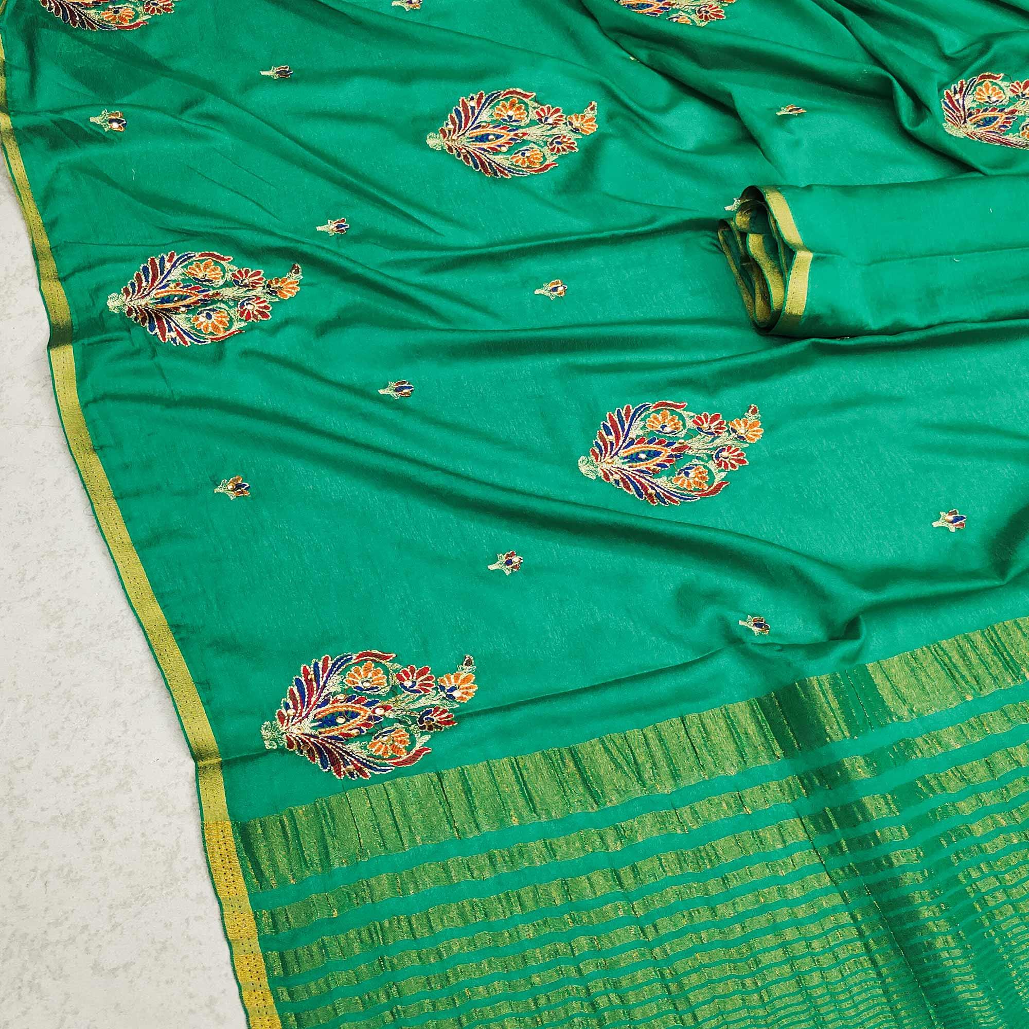 Green Festive Wear Woven Cotton Silk Saree - Peachmode