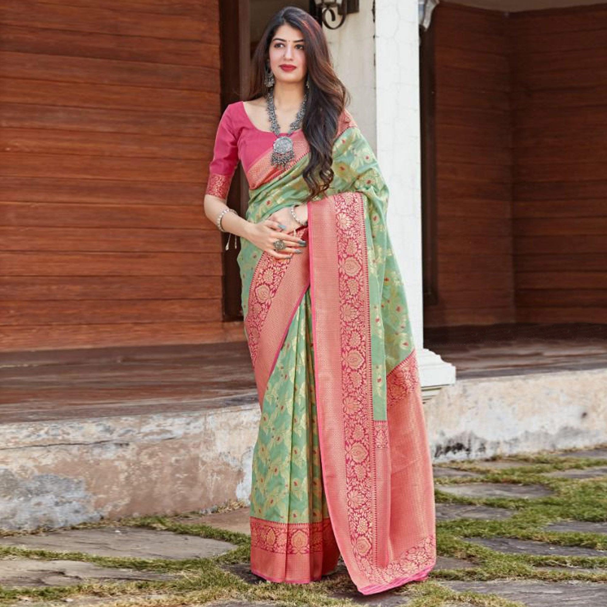 Green Festive Wear Woven Designer Art Silk Saree - Peachmode