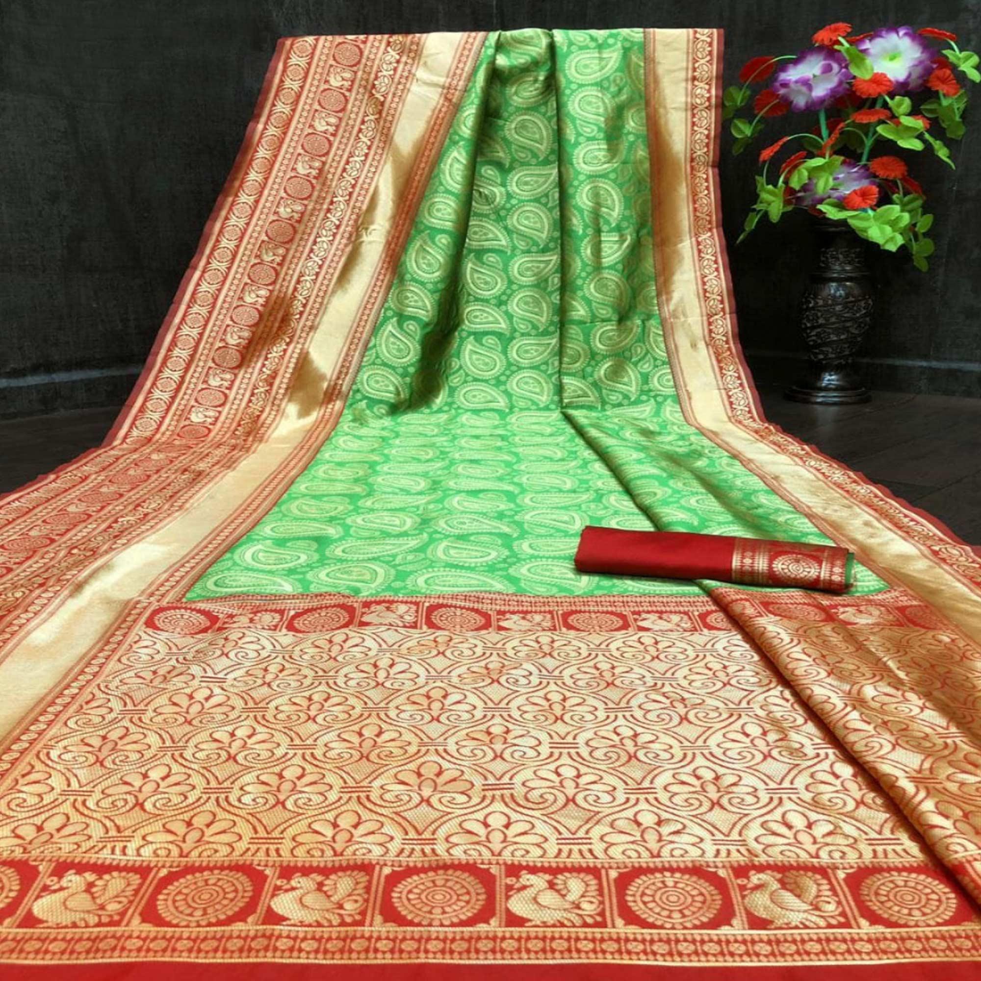 Green  Festive Wear Woven Designer  Border Soft Lichi Silk Saree - Peachmode