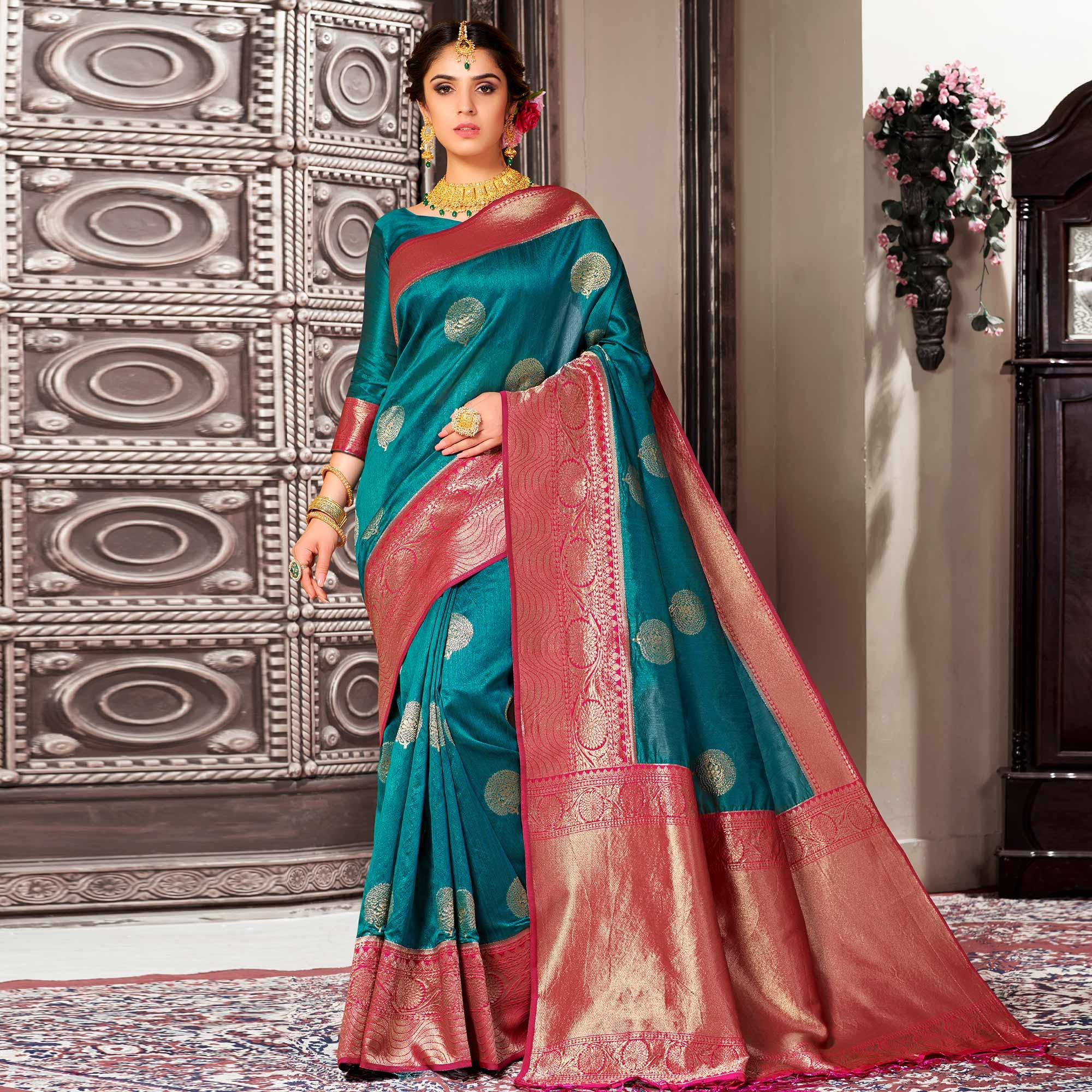 Green Festive Wear Woven Designer Soft Banarasi Silk Saree - Peachmode