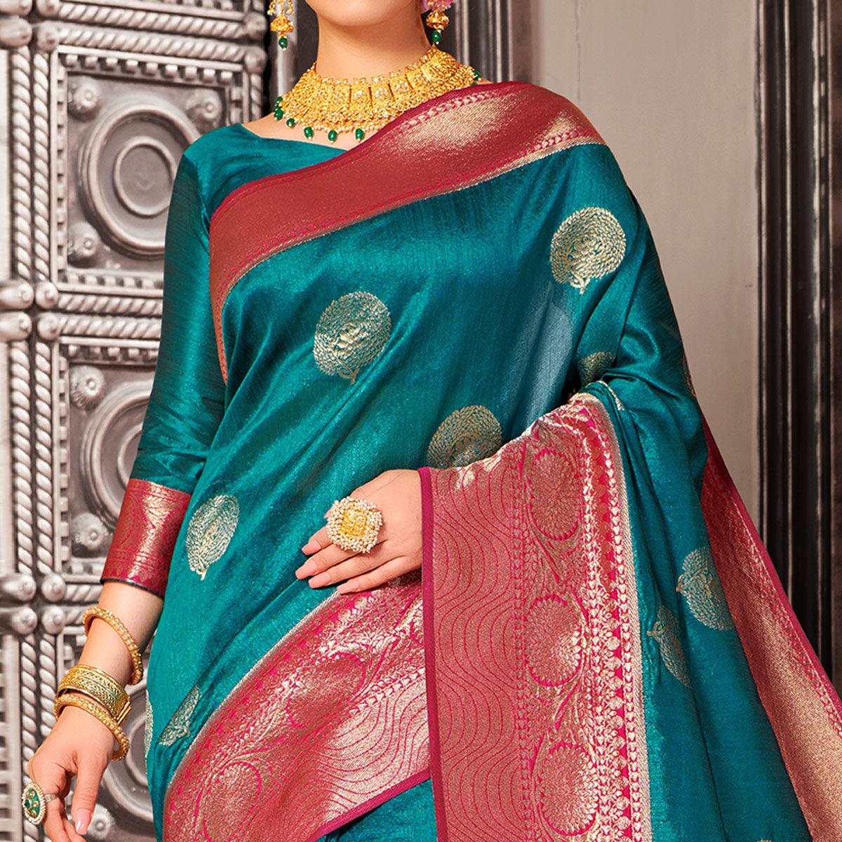 Green Festive Wear Woven Designer Soft Banarasi Silk Saree - Peachmode