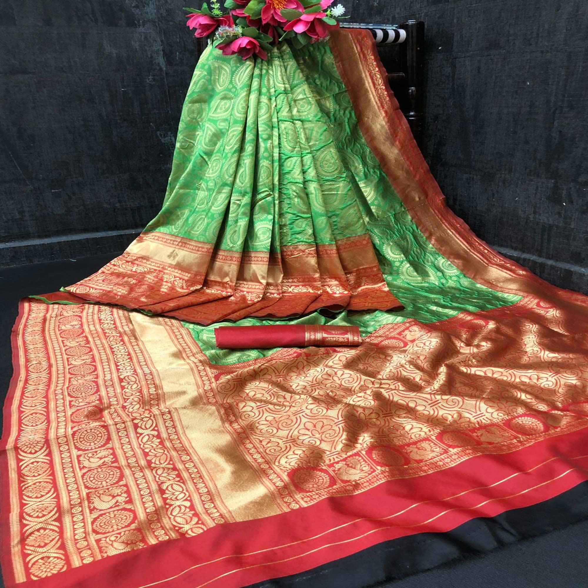 Green Festive Wear Woven Designer Soft Lichi Silk Saree - Peachmode