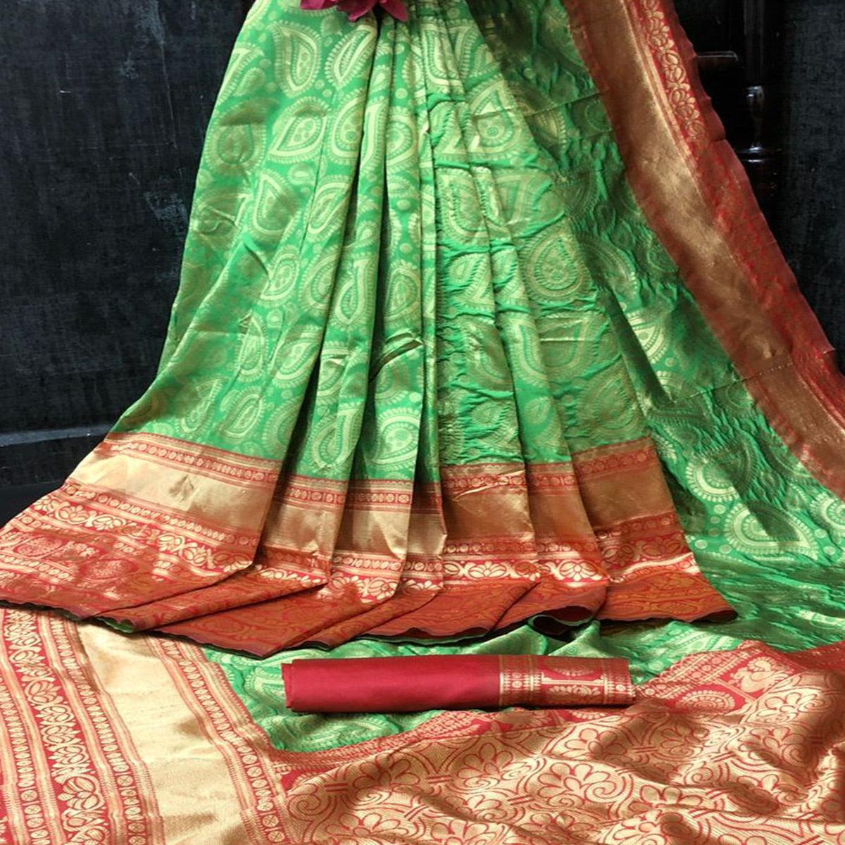 Green Festive Wear Woven Designer Soft Lichi Silk Saree - Peachmode