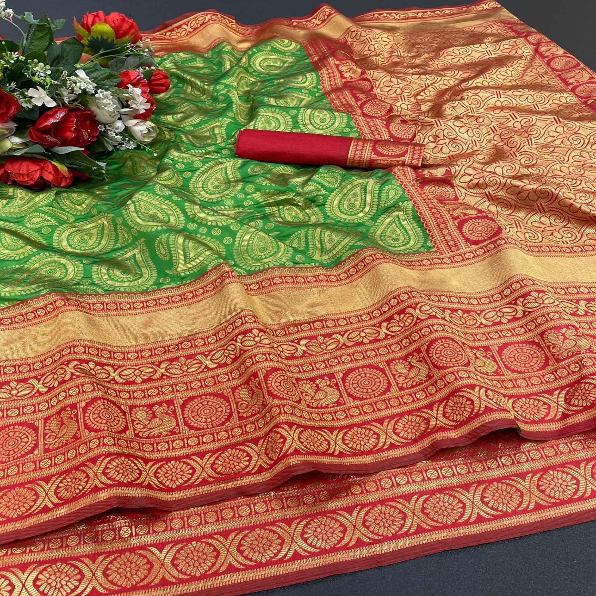 Green Festive Wear Woven Designer Soft Lichi Silk Saree - Peachmode