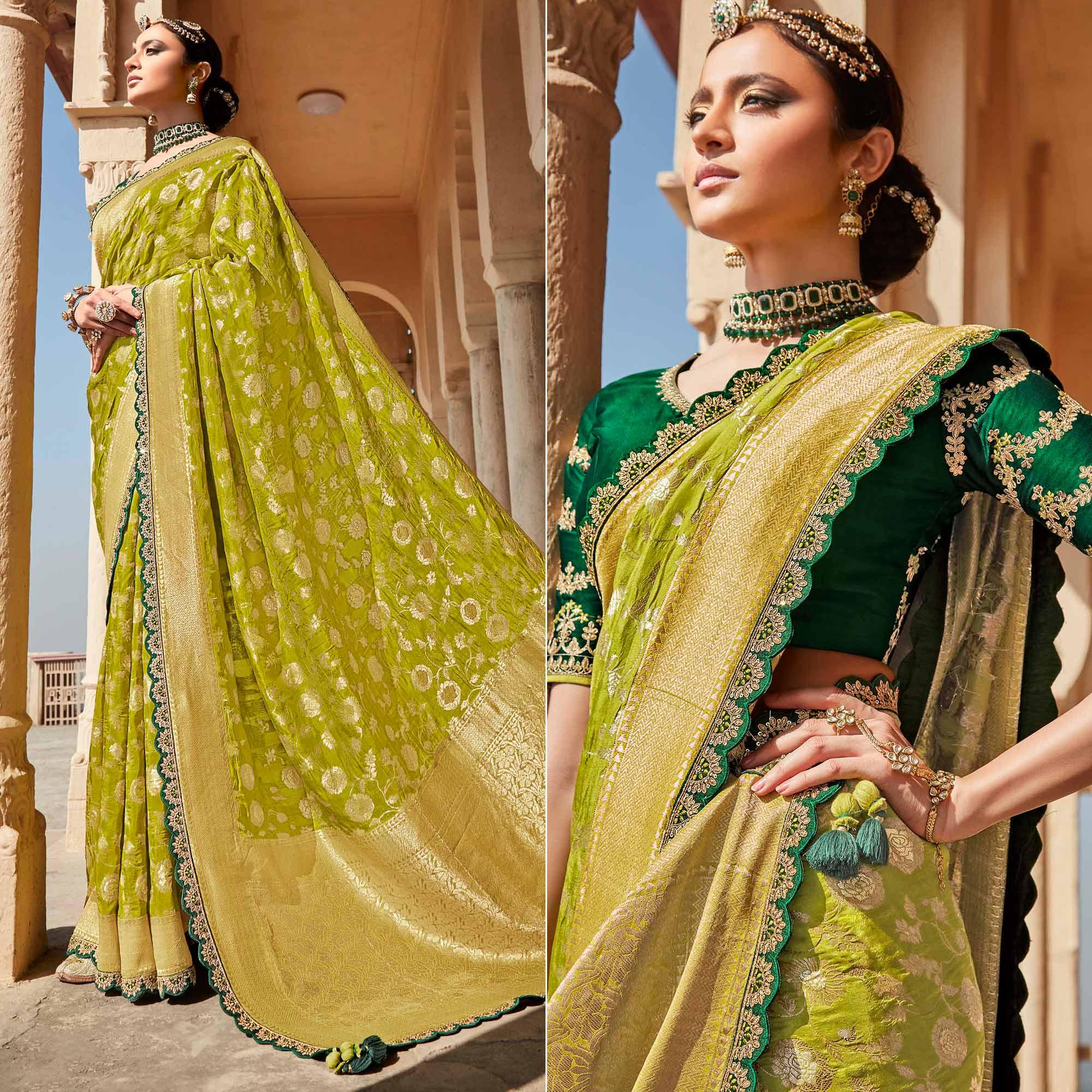 Green Festive Wear Woven Dola Silk Saree - Peachmode