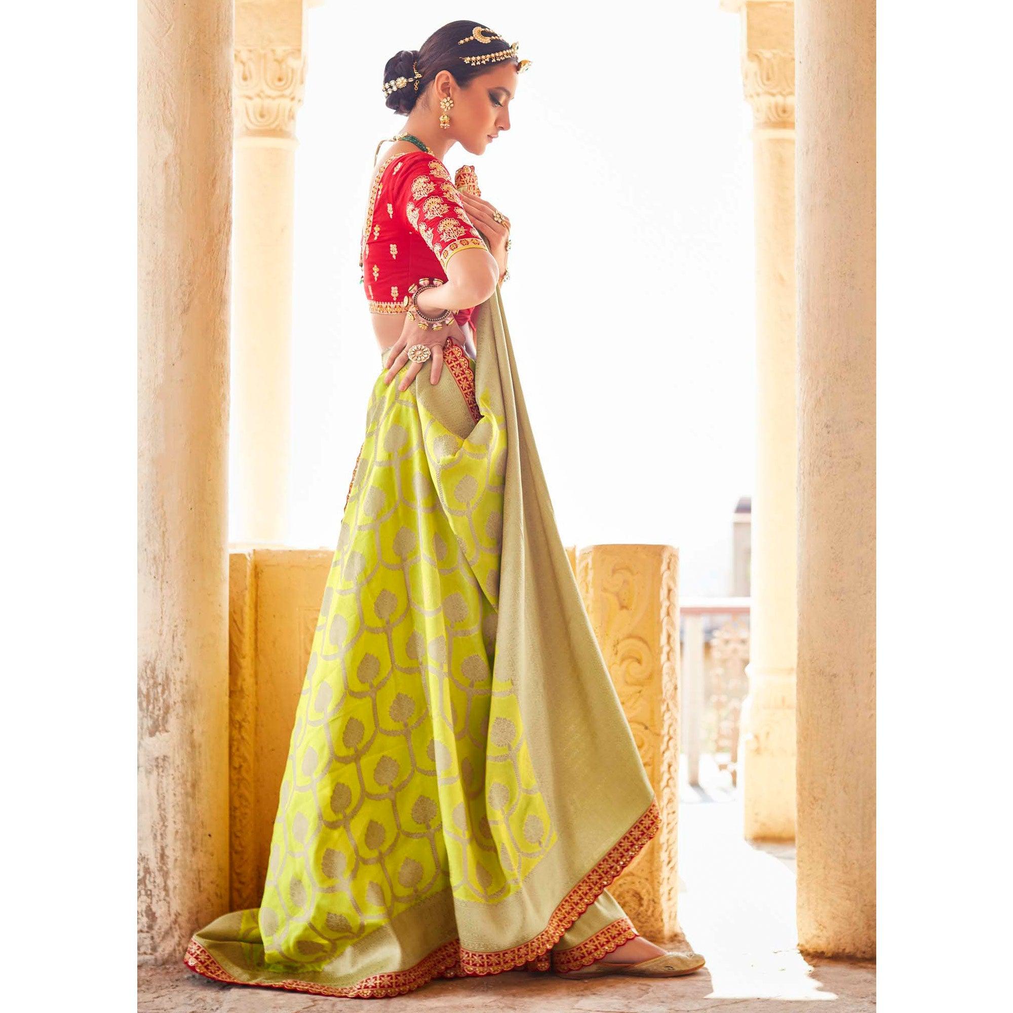 Green Festive Wear Woven Dola Silk Saree - Peachmode