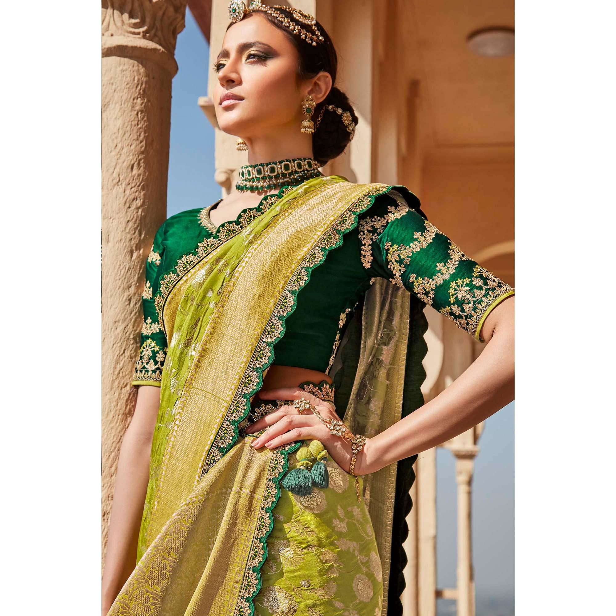 Green Festive Wear Woven Dola Silk Saree - Peachmode