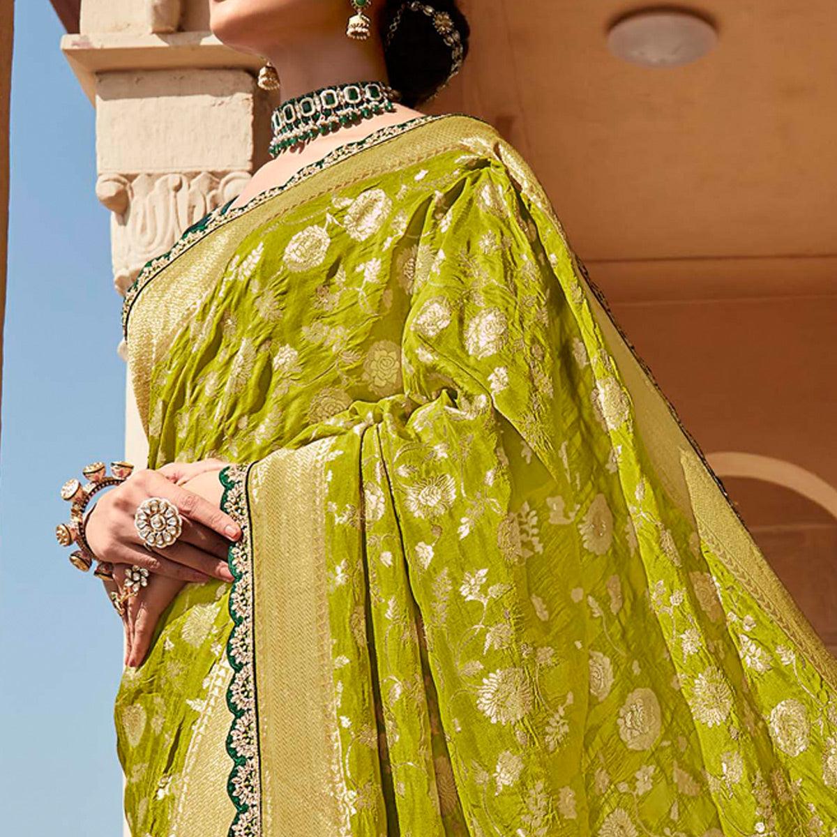 Green Festive Wear Woven Dola Silk Saree - Peachmode