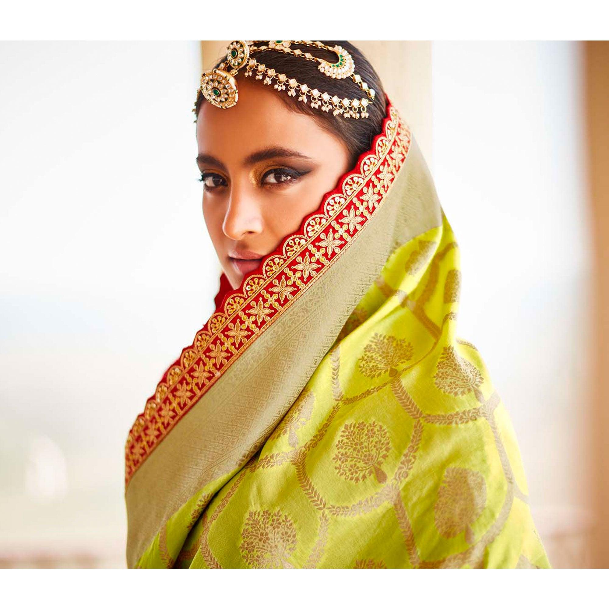 Green Festive Wear Woven Dola Silk Saree - Peachmode