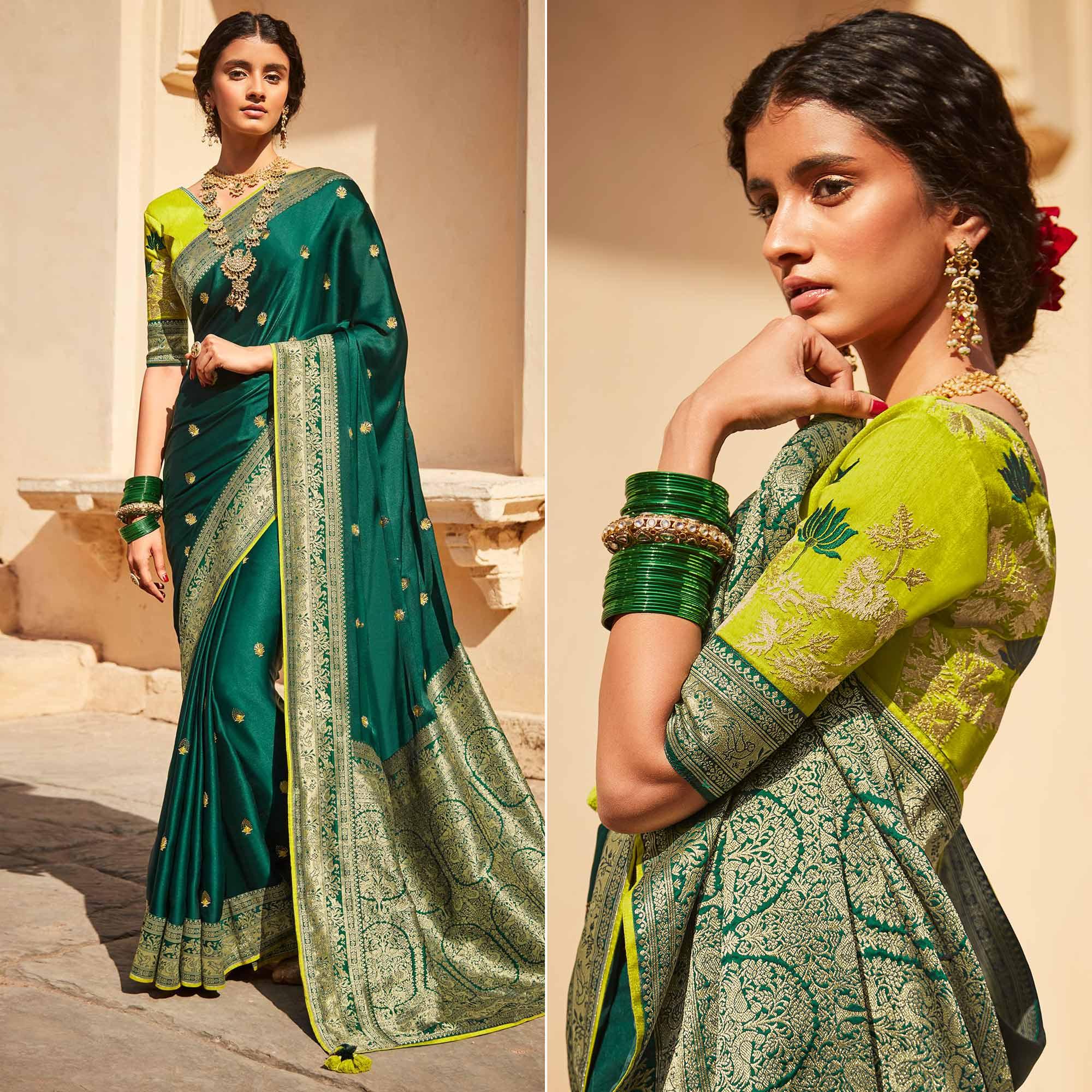 Green Festive Wear Woven-Embroidered Silk Saree - Peachmode