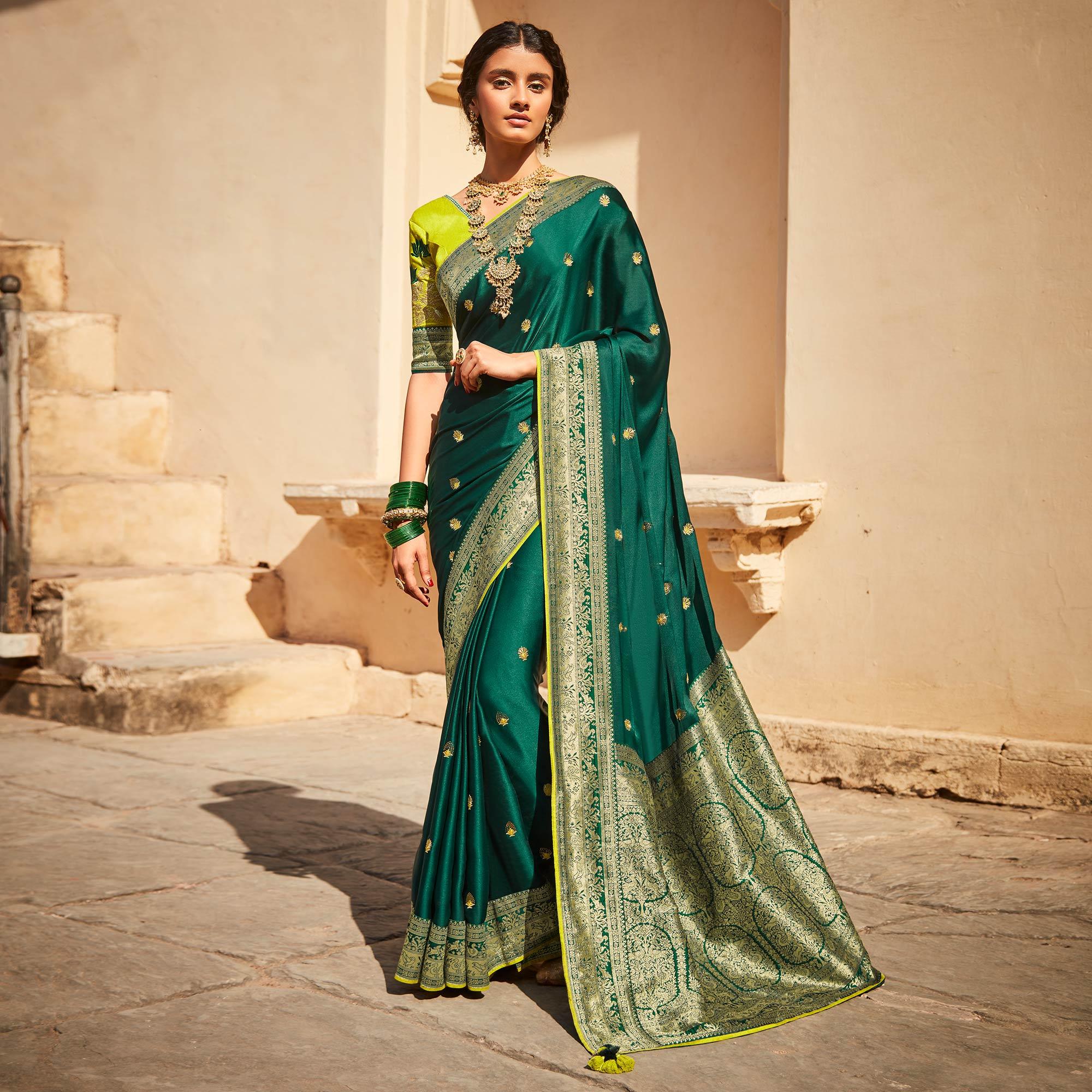 Green Festive Wear Woven-Embroidered Silk Saree - Peachmode