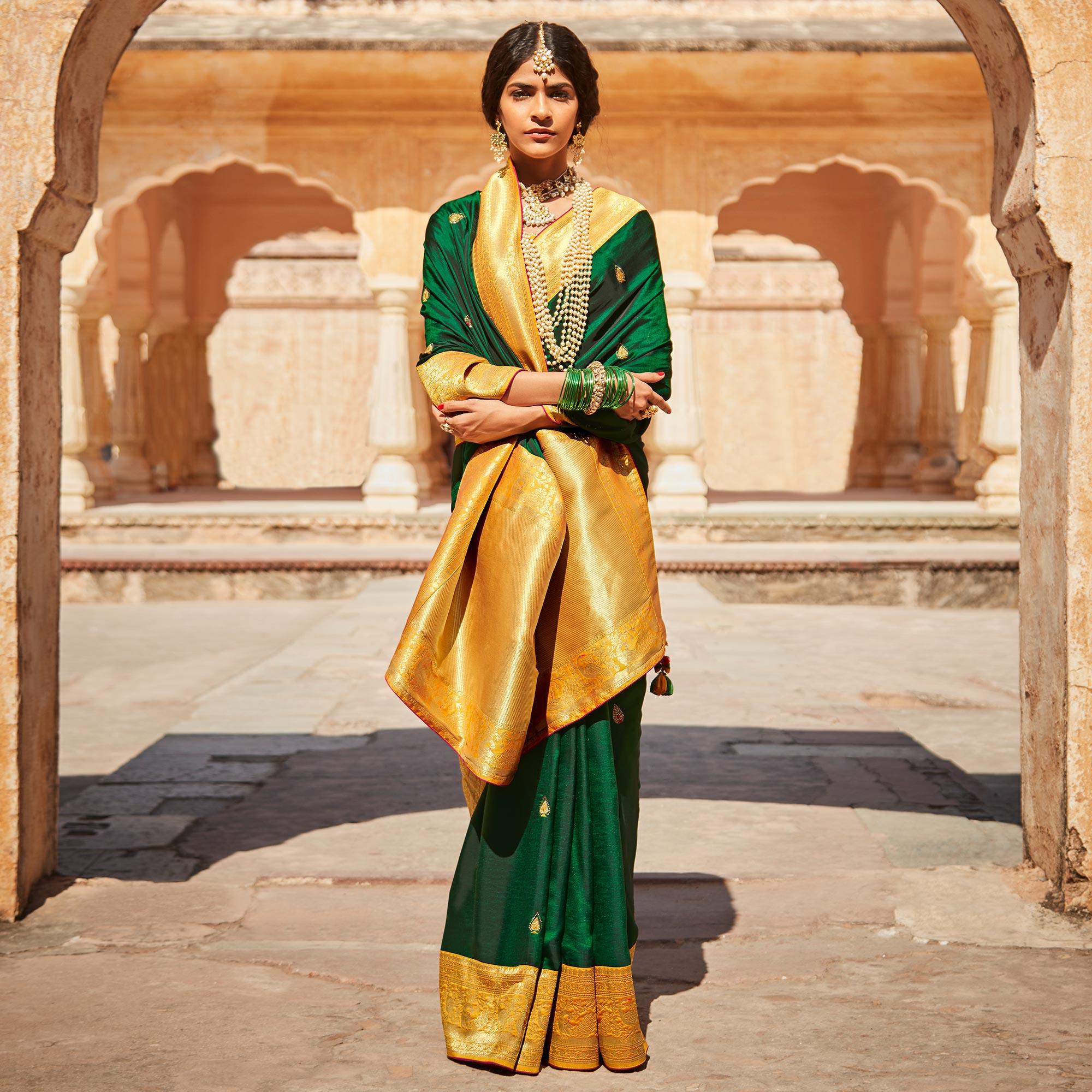 Green Festive Wear Woven-Embroidered Silk Saree - Peachmode