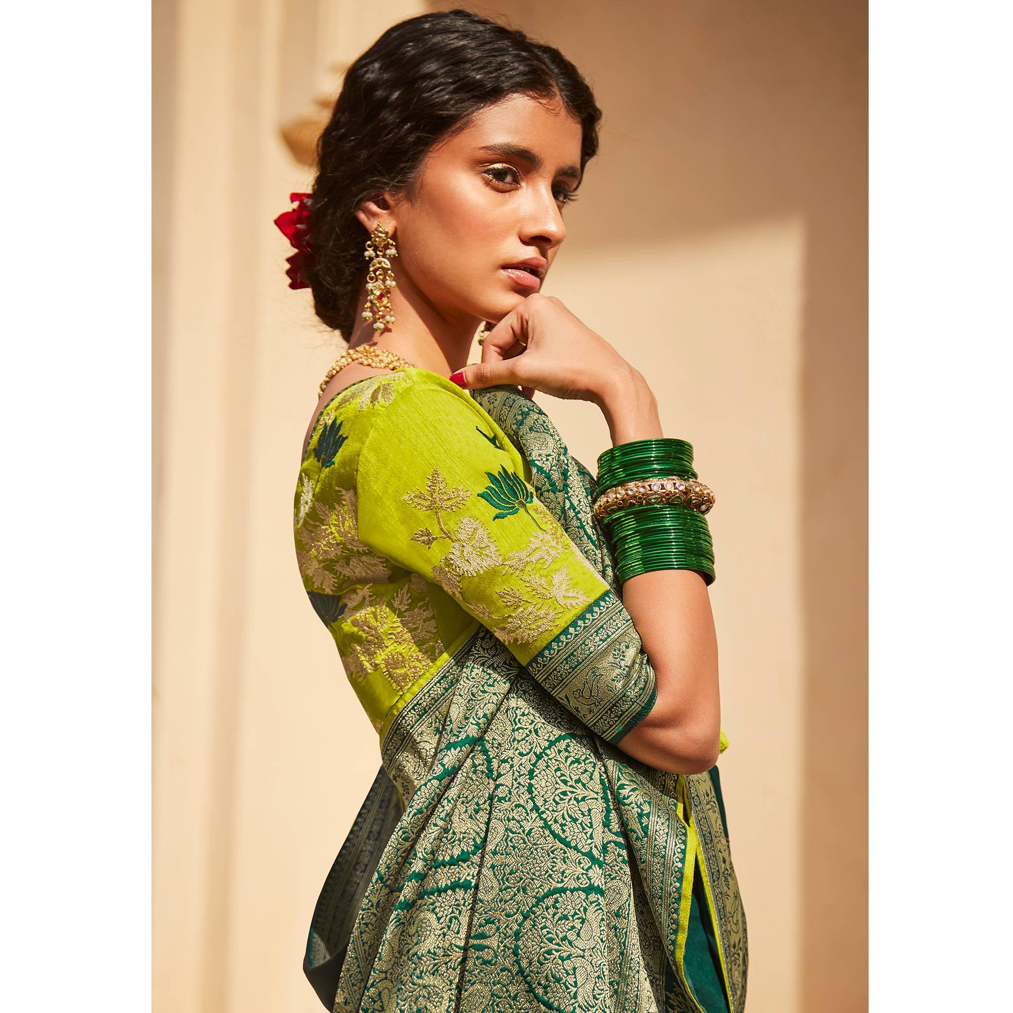 Green Festive Wear Woven-Embroidered Silk Saree - Peachmode