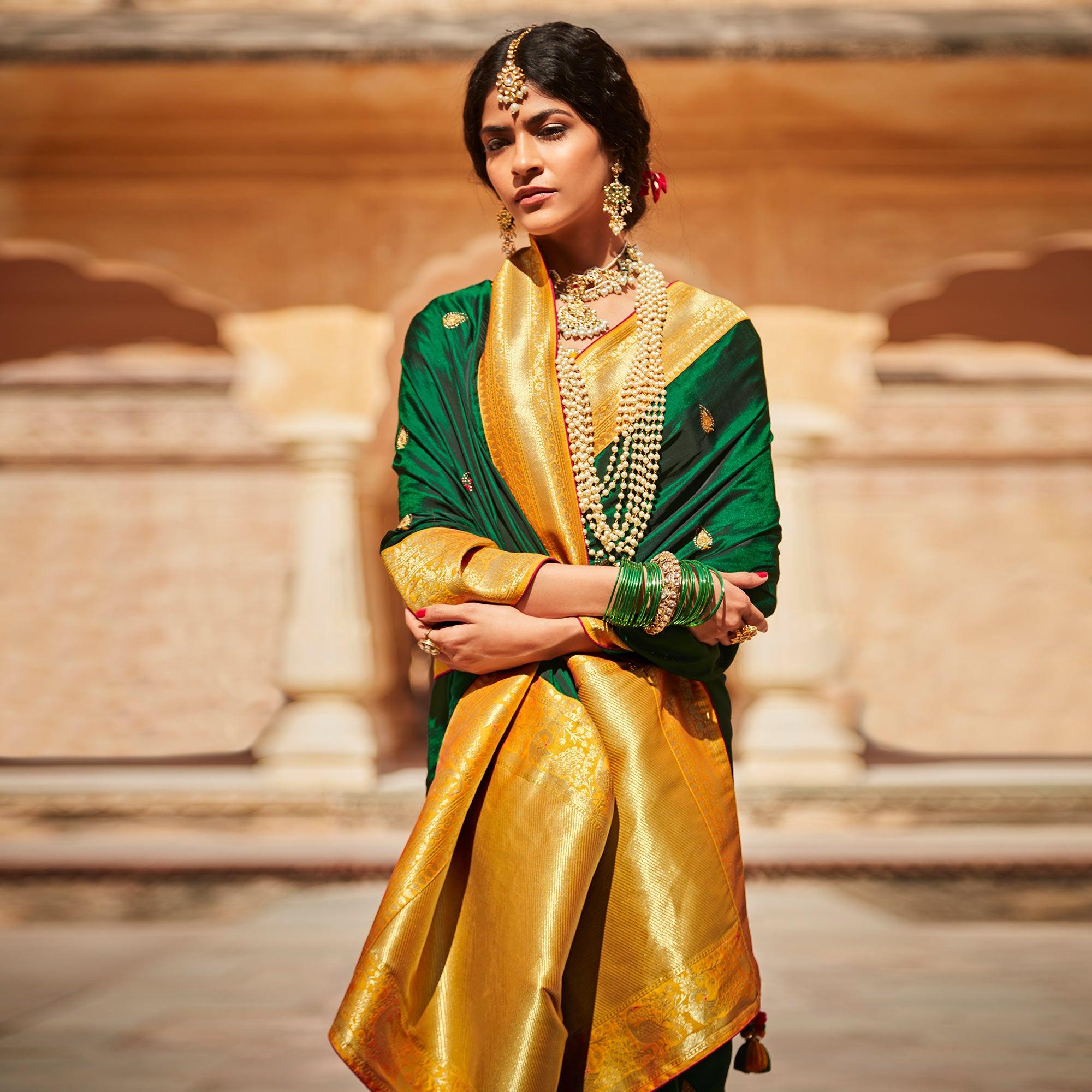 Green Festive Wear Woven-Embroidered Silk Saree - Peachmode