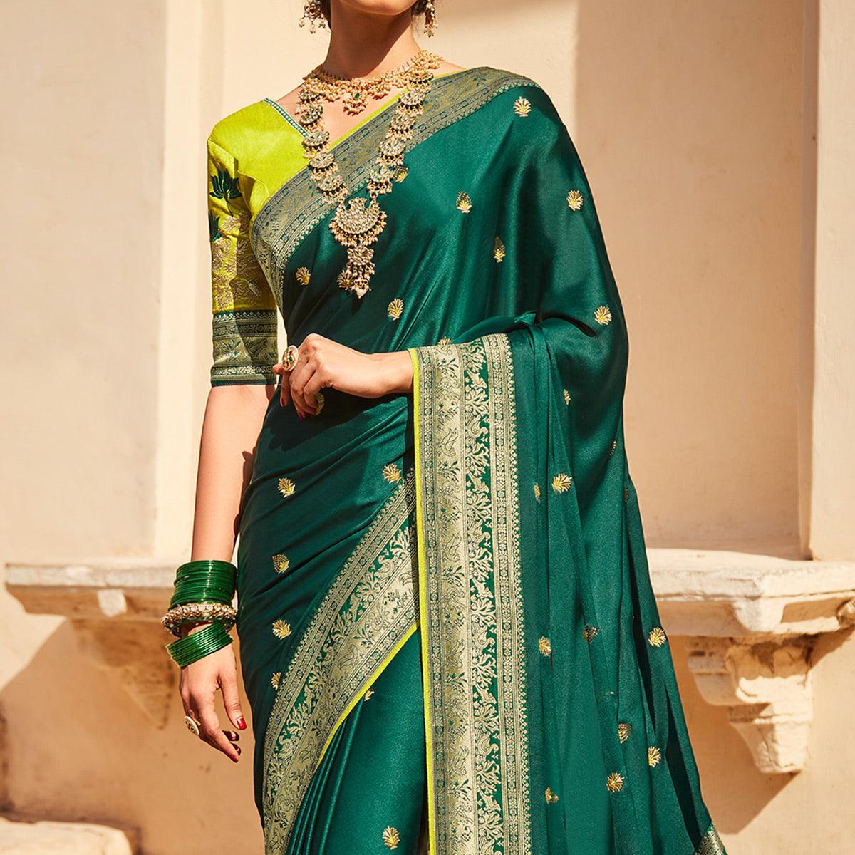 Green Festive Wear Woven-Embroidered Silk Saree - Peachmode