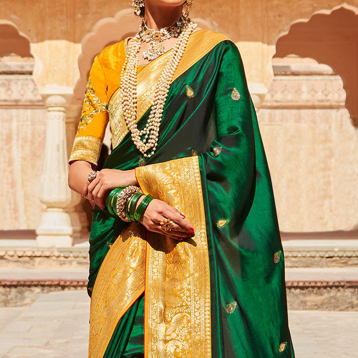 Green Festive Wear Woven-Embroidered Silk Saree - Peachmode