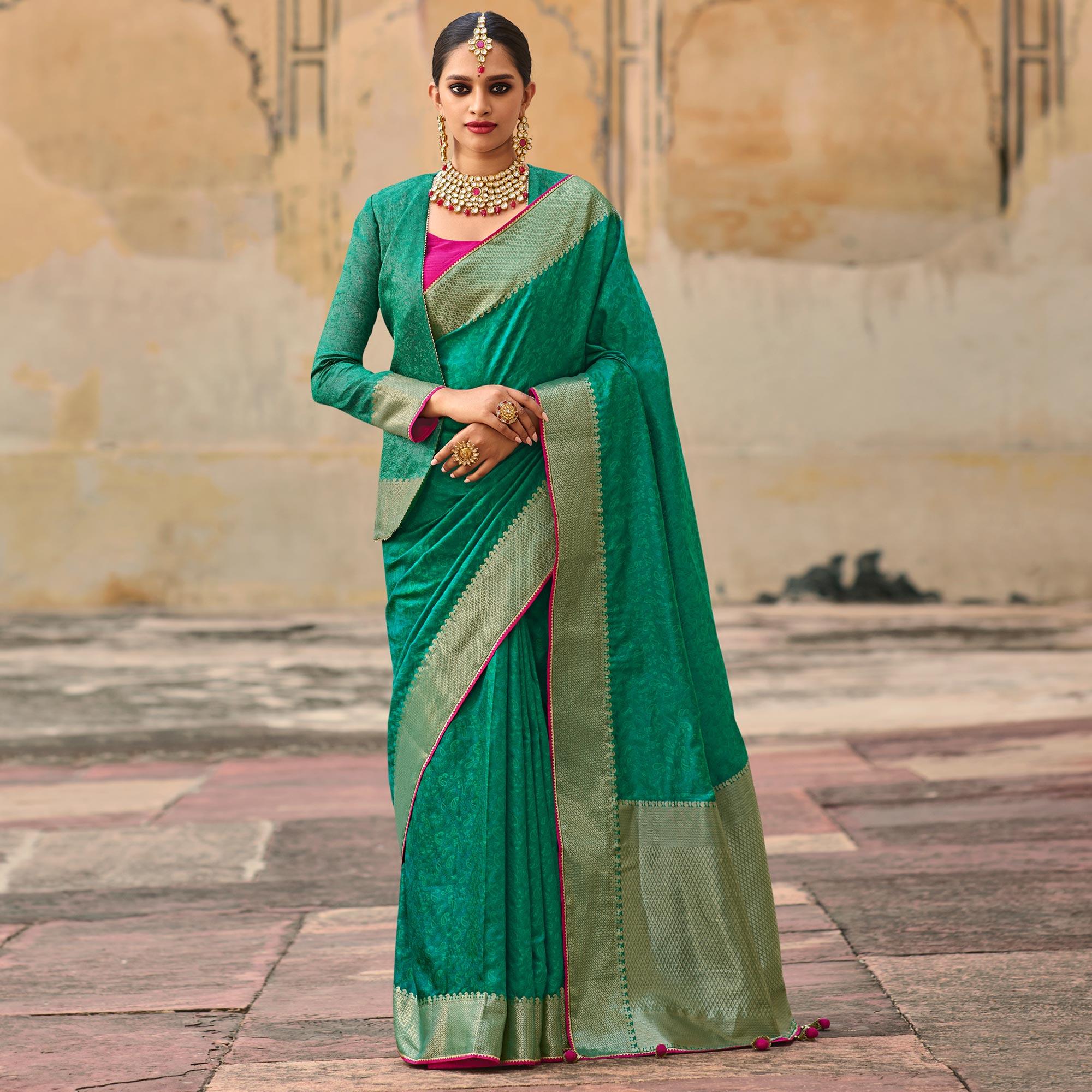 Green Festive Wear Woven Fancy Silk Saree - Peachmode