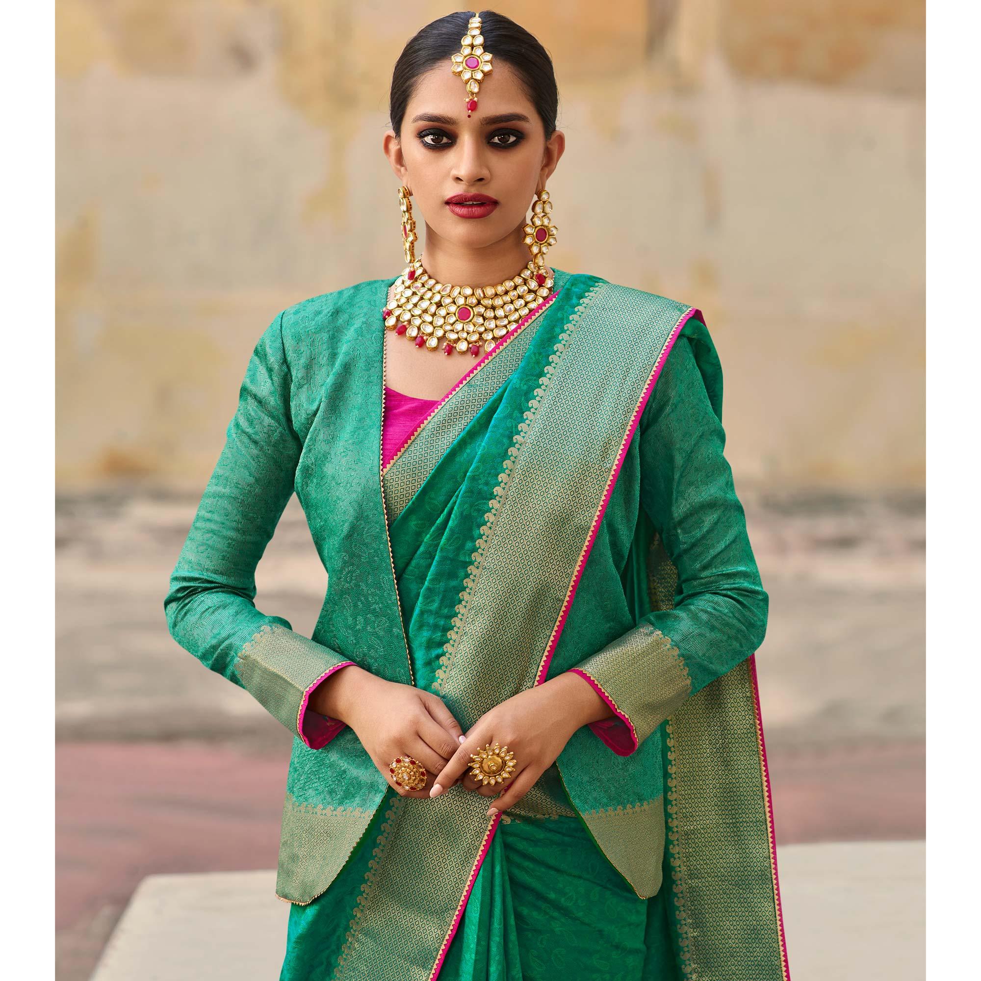 Green Festive Wear Woven Fancy Silk Saree - Peachmode