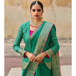 Green Festive Wear Woven Fancy Silk Saree - Peachmode