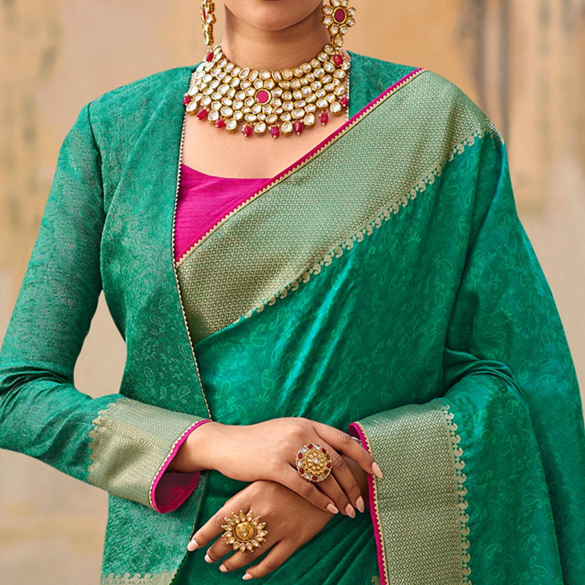 Green Festive Wear Woven Fancy Silk Saree - Peachmode