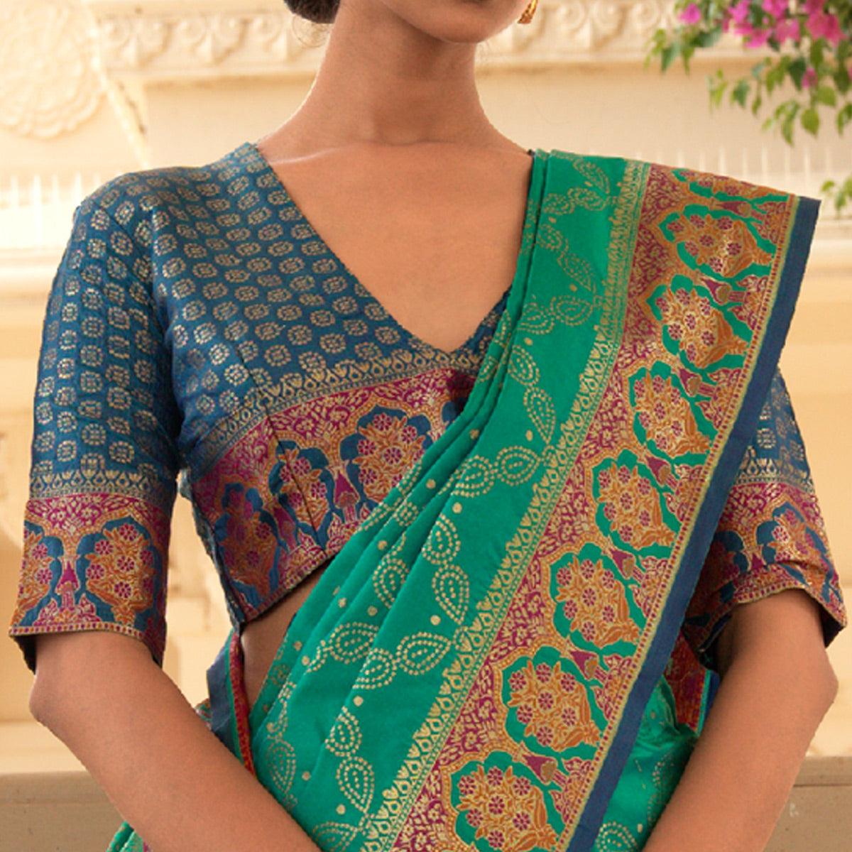 Green Festive Wear Woven Handloom Saree - Peachmode