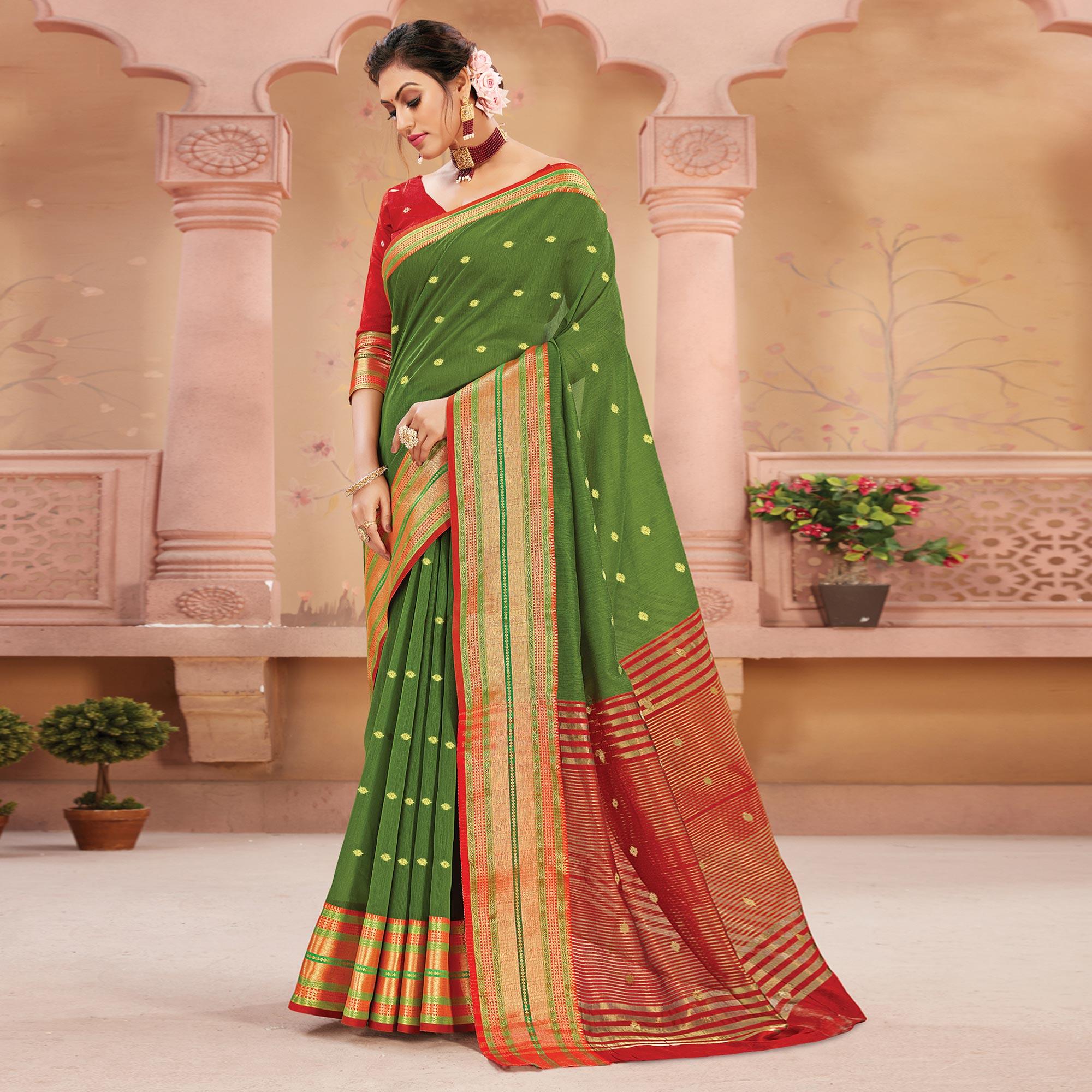 Green Festive Wear Woven Handloom Silk Saree - Peachmode