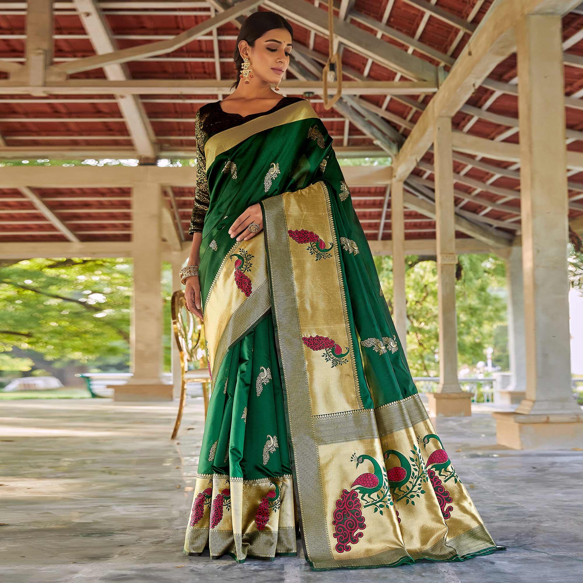 Green Festive Wear Woven Handloom Silk Saree - Peachmode